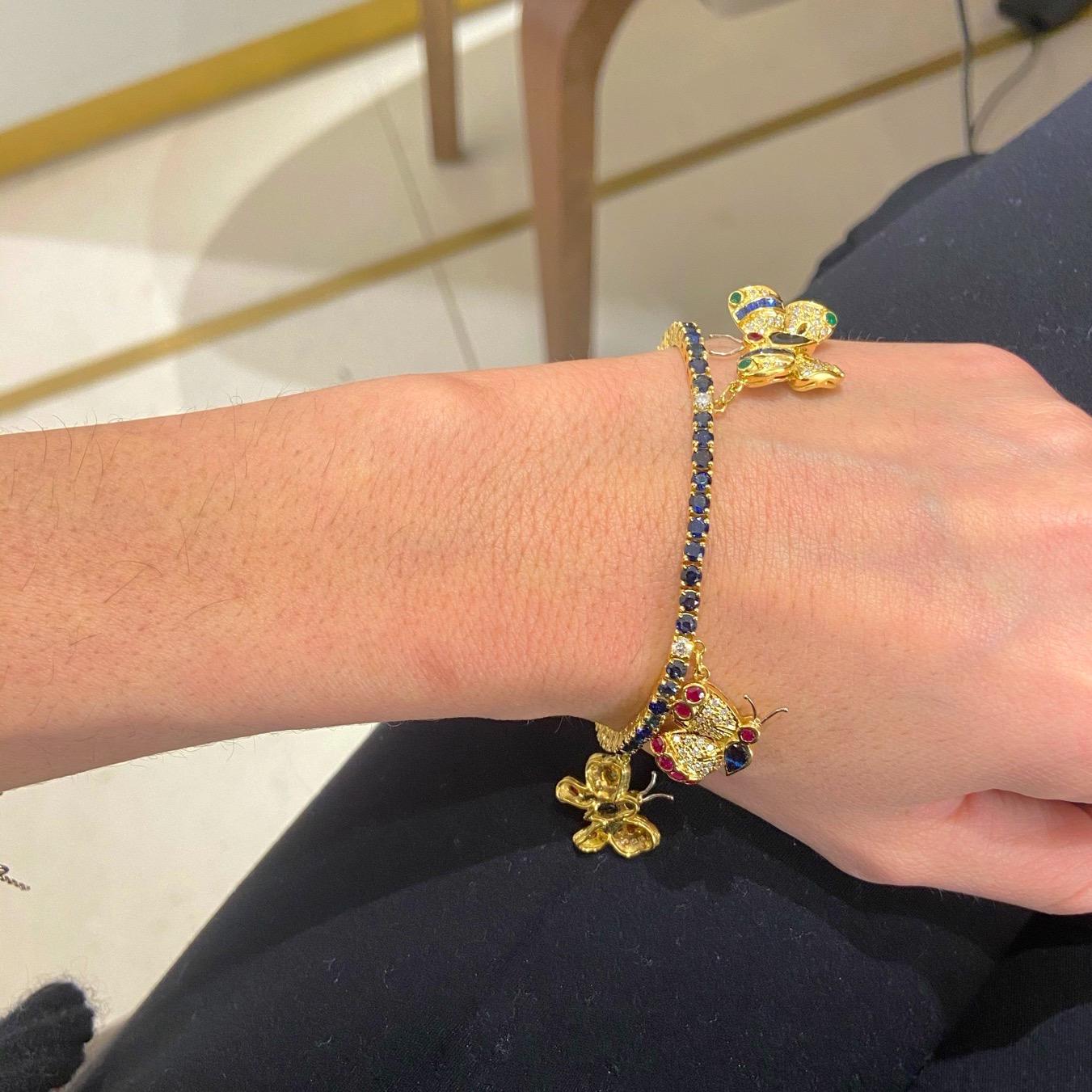 Sabbadini 18KT YG Butterfly Charm Bracelet with Diamonds, Sapphire, Ruby, Emerald In New Condition For Sale In New York, NY