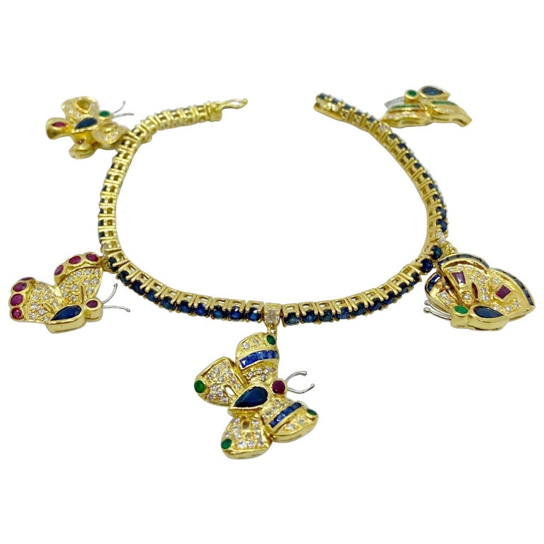 Sabbadini 18KT YG Butterfly Charm Bracelet with Diamonds, Sapphire, Ruby, Emerald For Sale