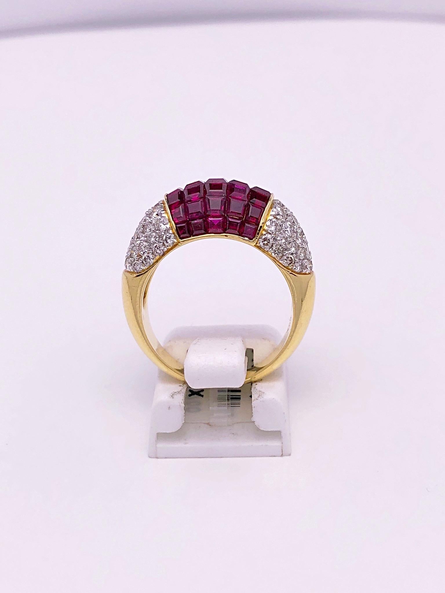 Contemporary Sabbadini 18K Gold Ring with 4.90 Carat of Invisibly Set Rubies and Diamonds For Sale