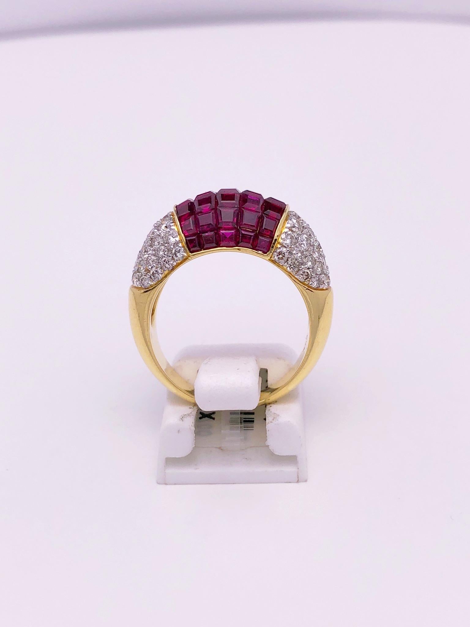 Round Cut Sabbadini 18K Gold Ring with 4.90 Carat of Invisibly Set Rubies and Diamonds For Sale