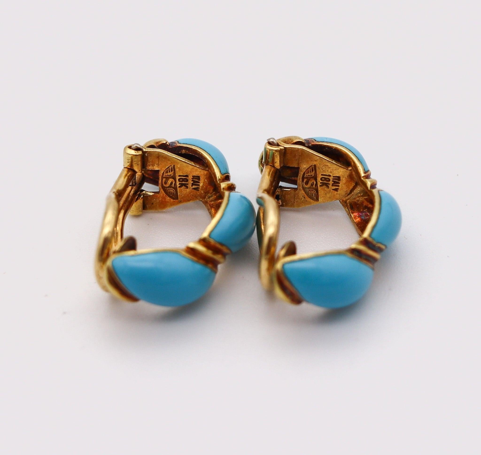 Women's SABBADINI 1960 Turquoise-Blue Enameled Clips-on Earrings In 18Kt Yellow Gold For Sale
