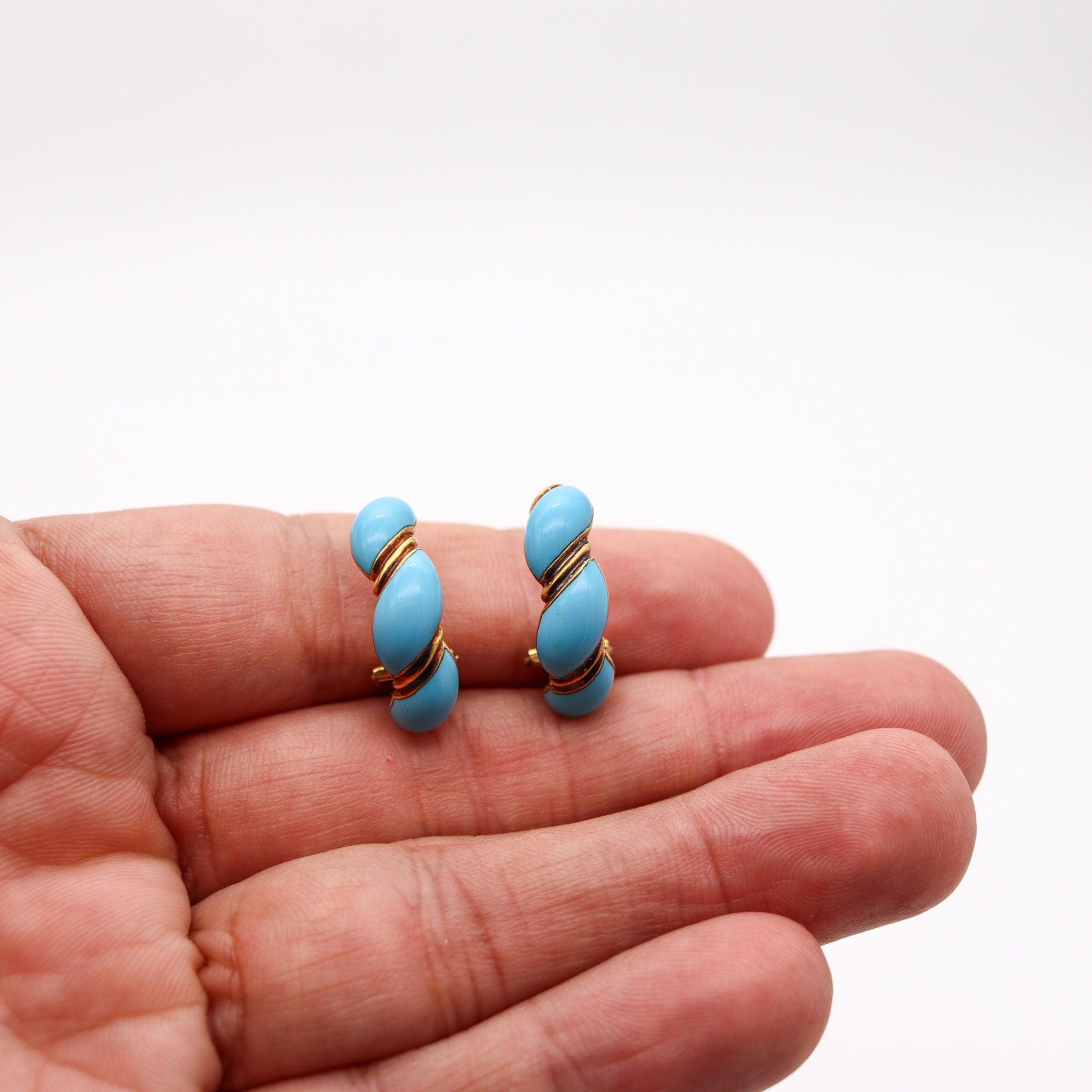 SABBADINI 1960 Turquoise-Blue Enameled Clips-on Earrings In 18Kt Yellow Gold For Sale 1