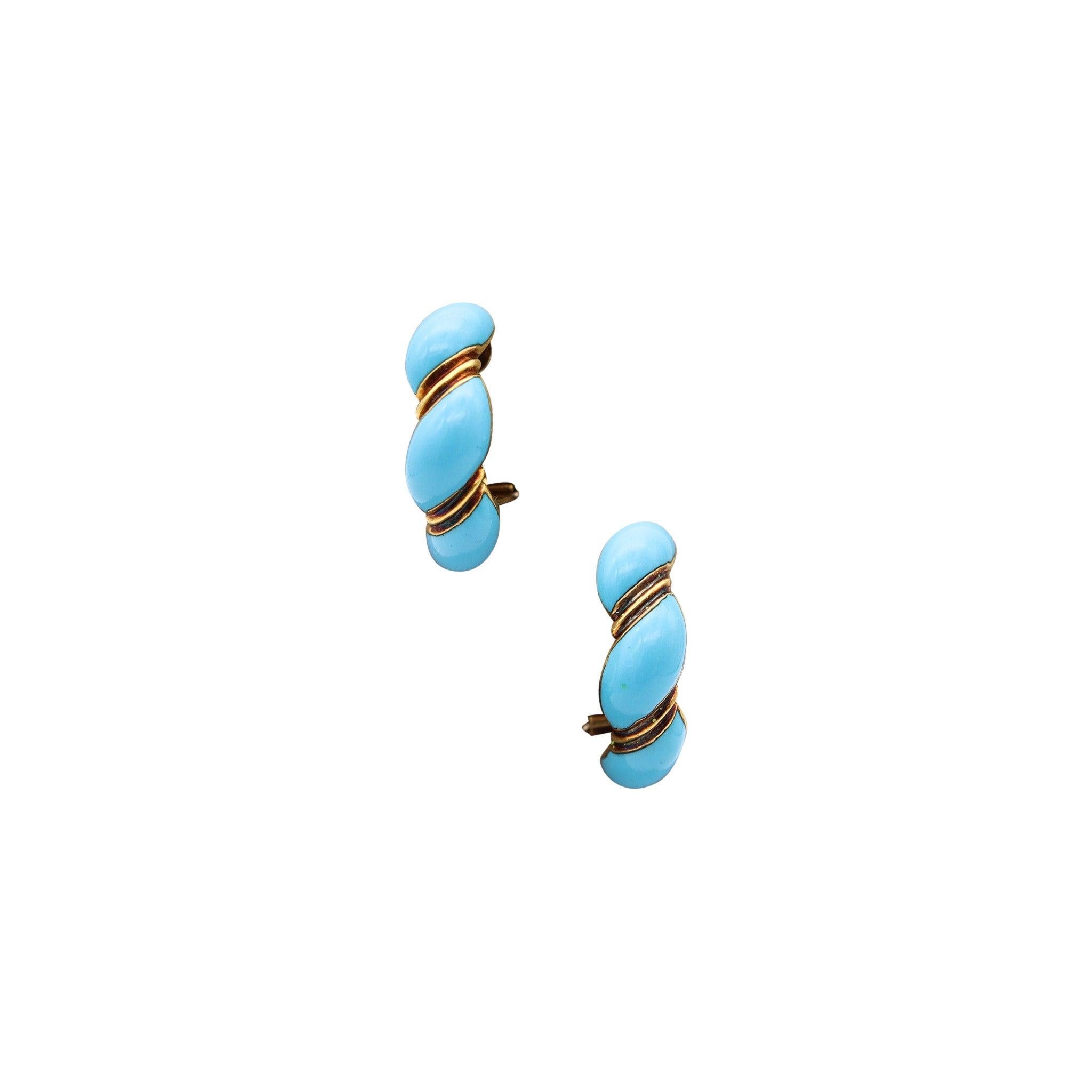 SABBADINI 1960 Turquoise-Blue Enameled Clips-on Earrings In 18Kt Yellow Gold For Sale 2