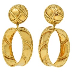 Sabbadini 1980 18 Karat Yellow Gold Vintage Twisted Rope Drop Ear Clip Earrings