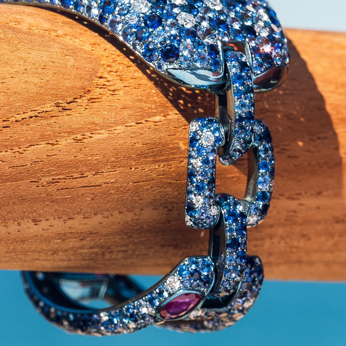 Cabochon Sabbadini 51 Carat Blue Sapphire Titanium Bracelet with Rubies and Diamonds For Sale