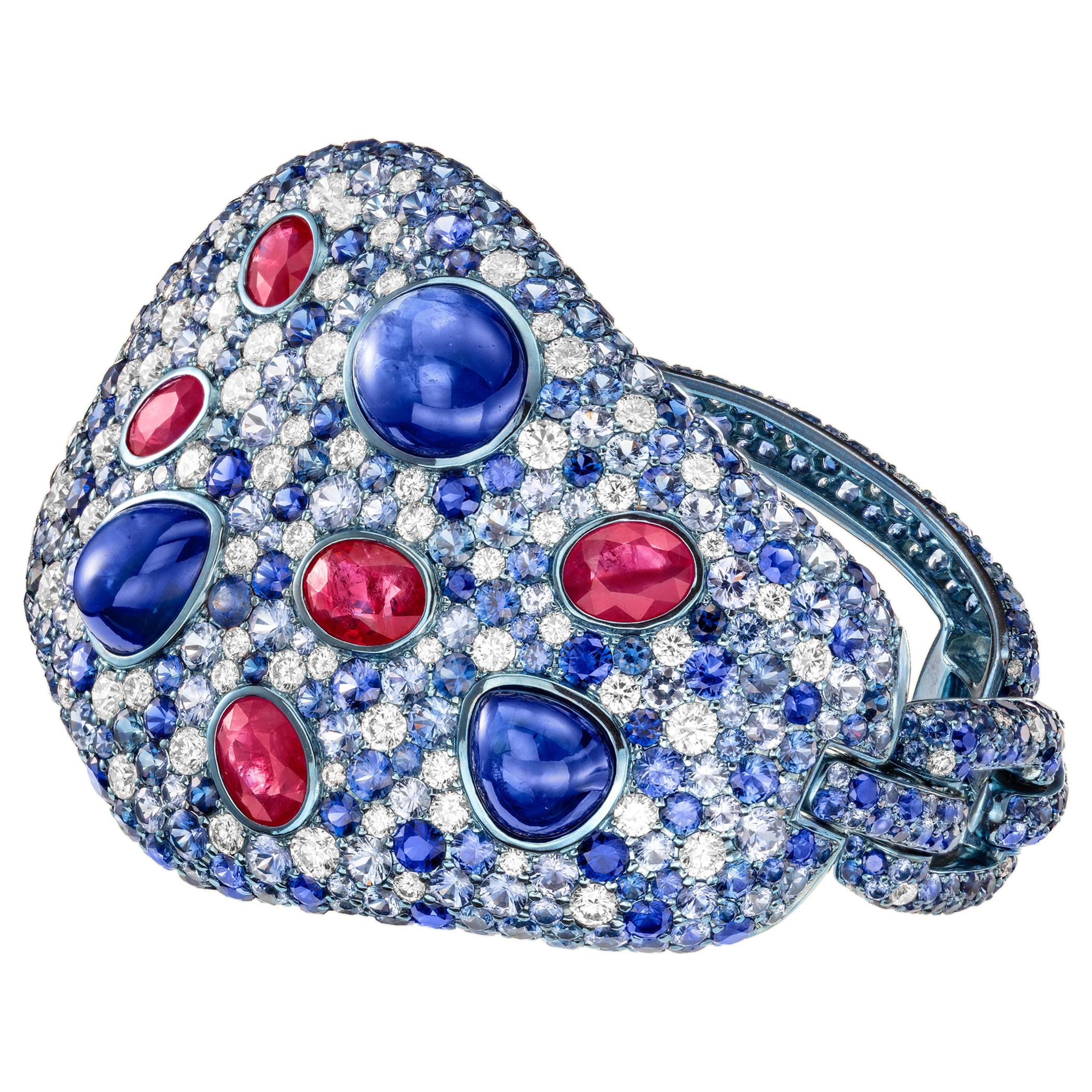 Sabbadini 51 Carat Blue Sapphire Titanium Bracelet with Rubies and Diamonds For Sale