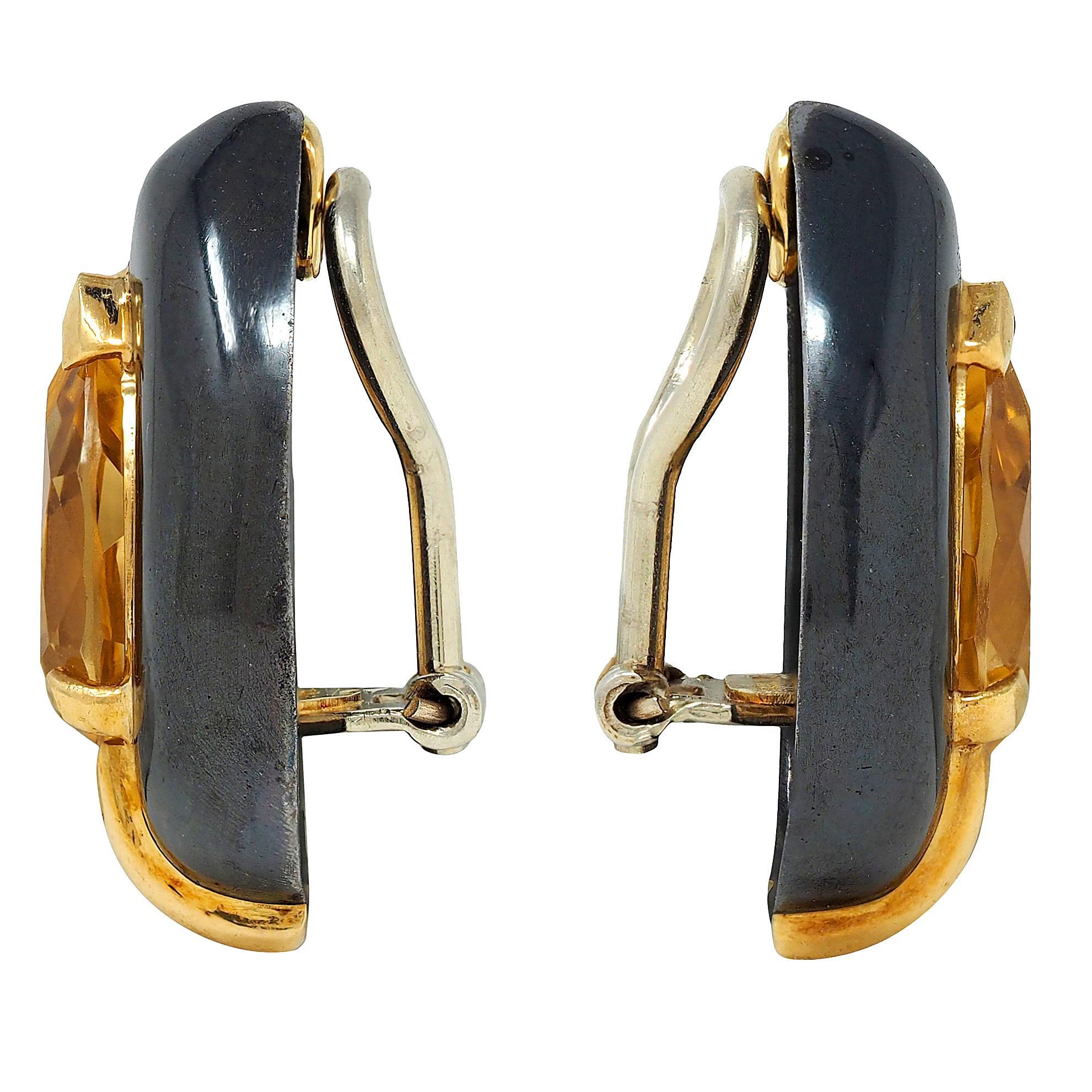 Modern Sabbadini 5.80 CTW Citrine Diamond 18K Gold Black Rhodium Pear Ear-Clip Earrings For Sale
