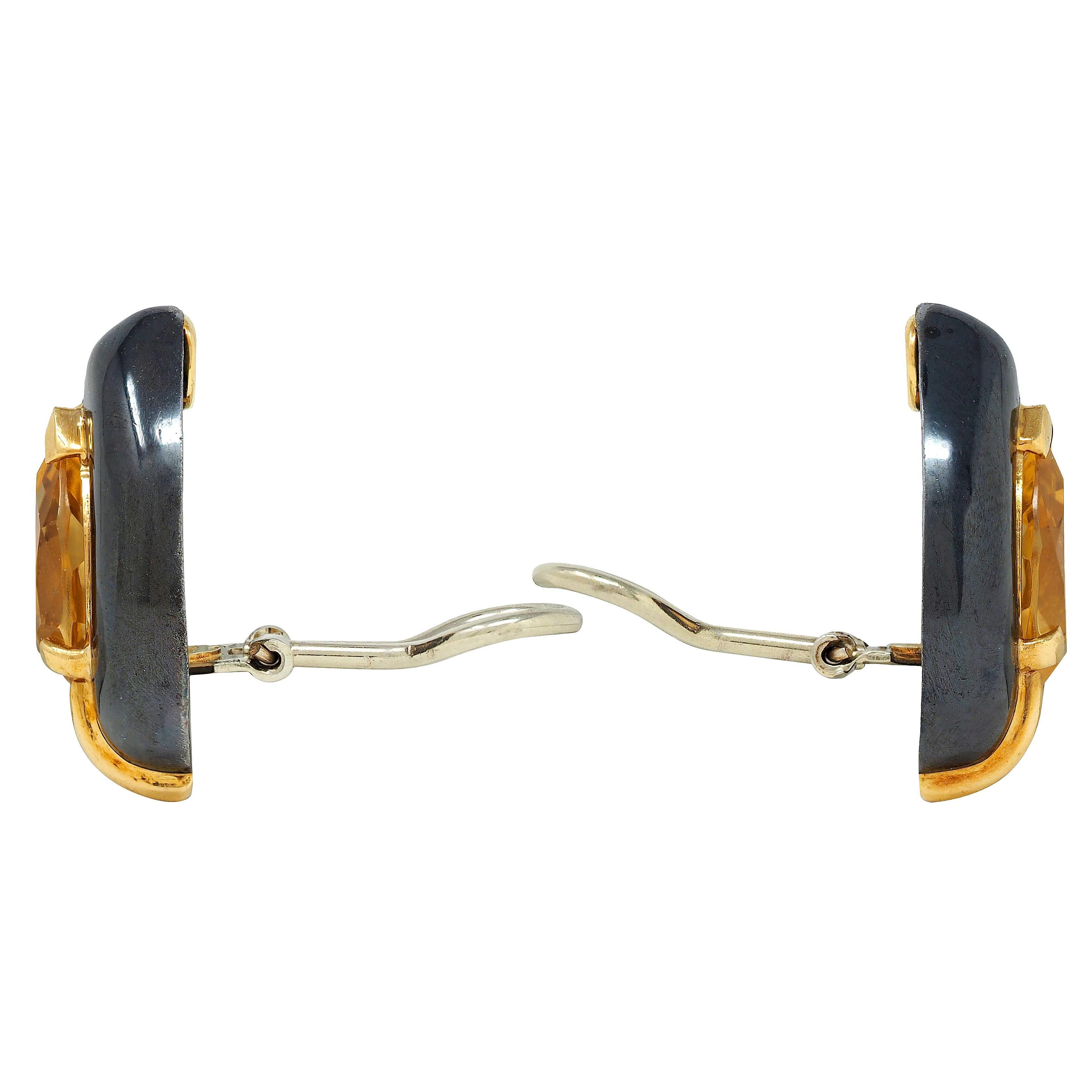 Sabbadini 5.80 CTW Citrine Diamond 18K Gold Black Rhodium Pear Ear-Clip Earrings In Excellent Condition For Sale In Philadelphia, PA