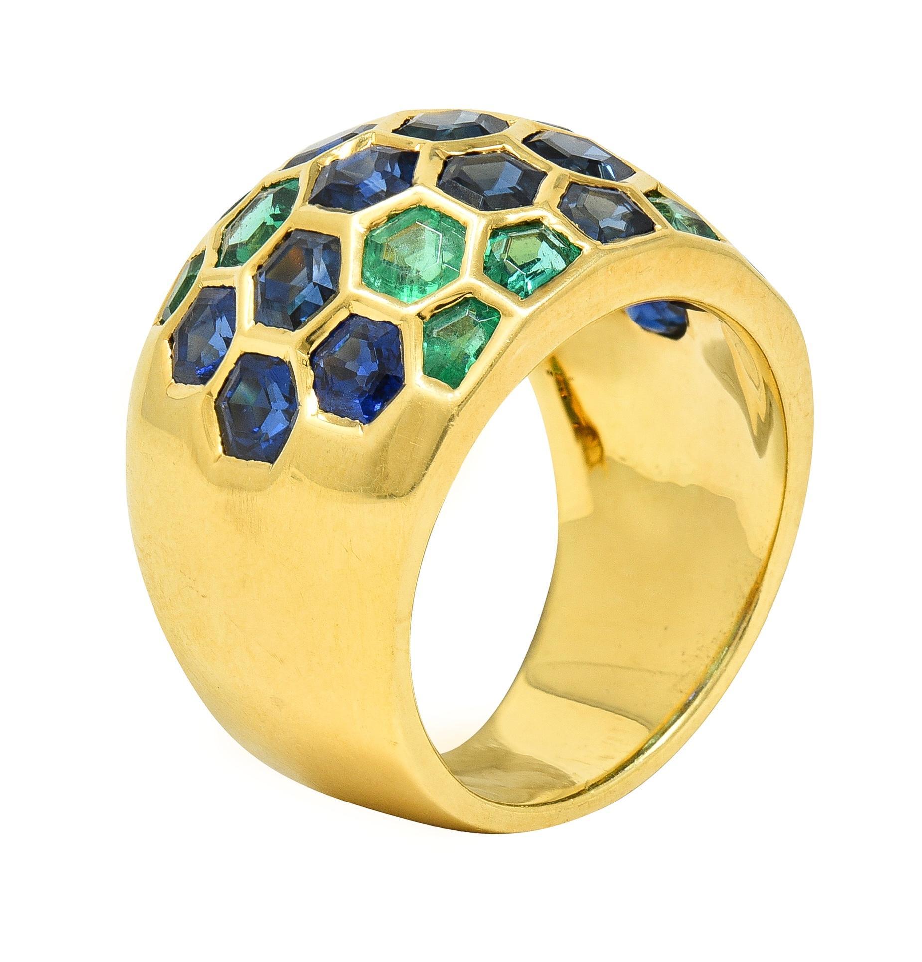Sabbadini 6.47 CTW Sapphire Emerald 18 Karat Yellow Gold Honeycomb Dome Ring For Sale 4