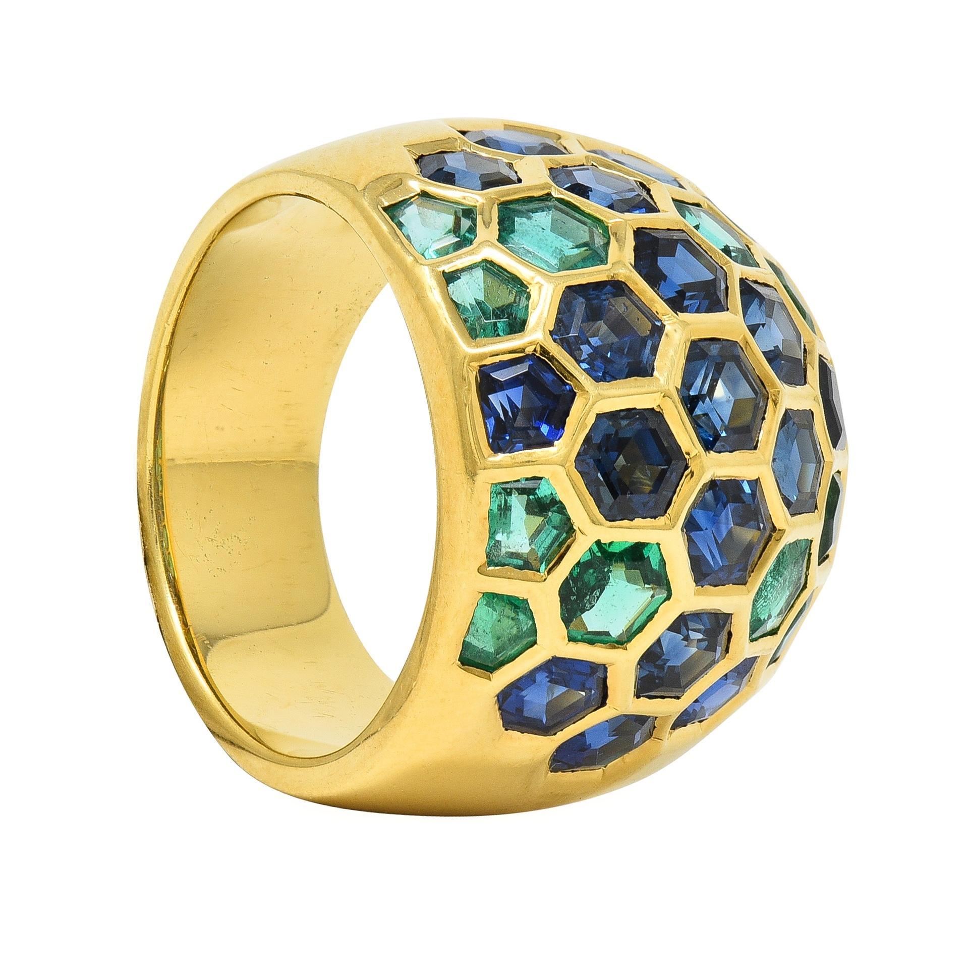Sabbadini 6.47 CTW Sapphire Emerald 18 Karat Yellow Gold Honeycomb Dome Ring For Sale 5