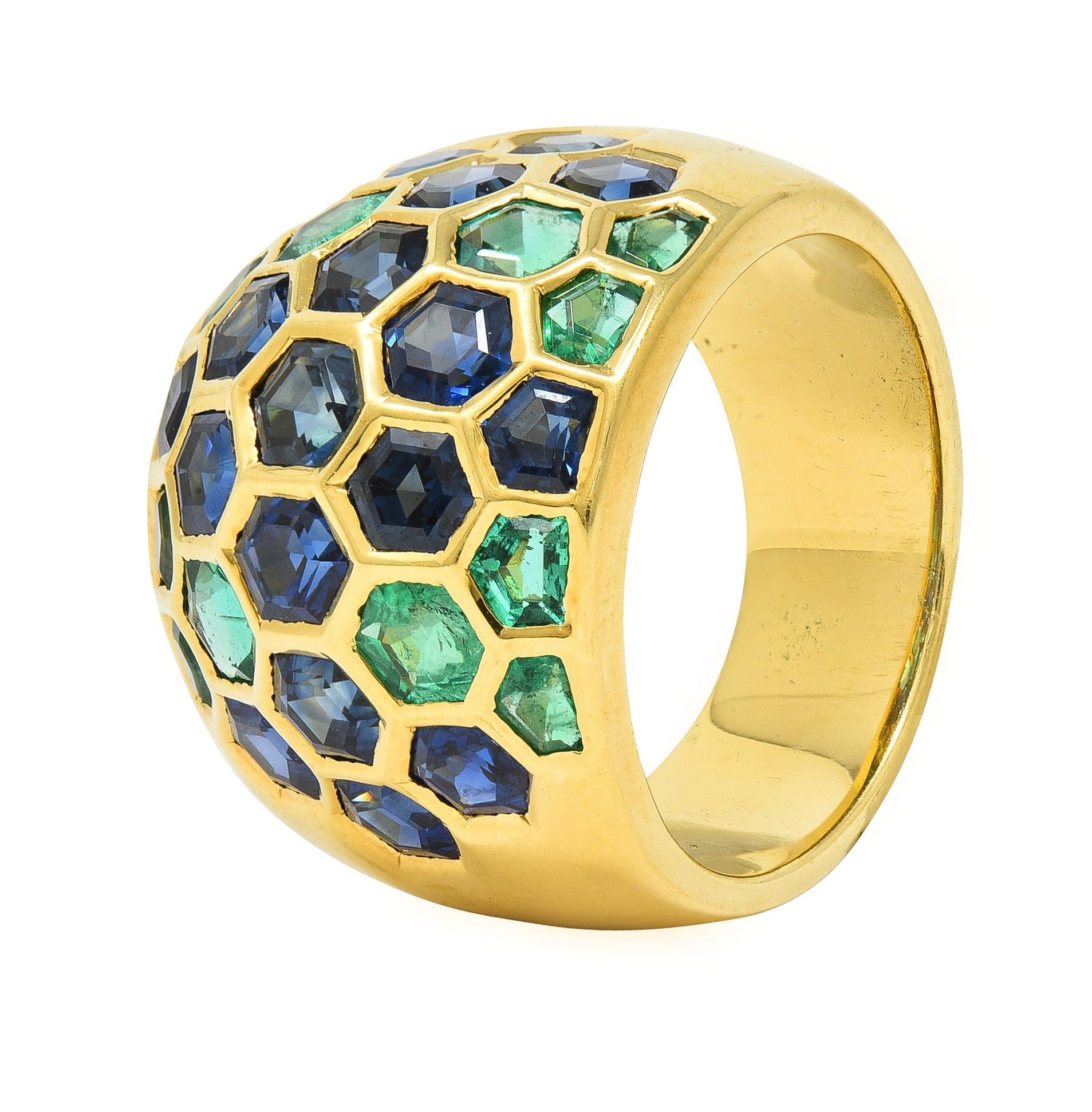 Sabbadini 6.47 CTW Sapphire Emerald 18 Karat Yellow Gold Honeycomb Dome Ring For Sale 1