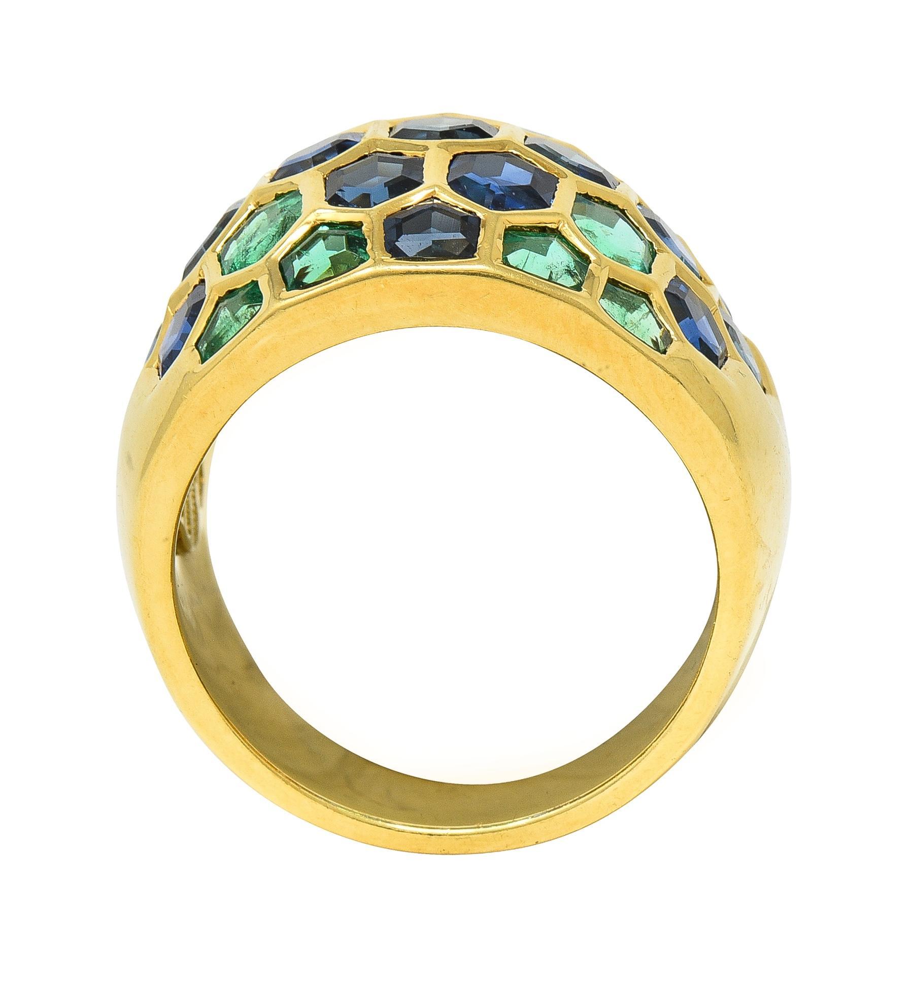 Sabbadini 6.47 CTW Sapphire Emerald 18 Karat Yellow Gold Honeycomb Dome Ring For Sale 2