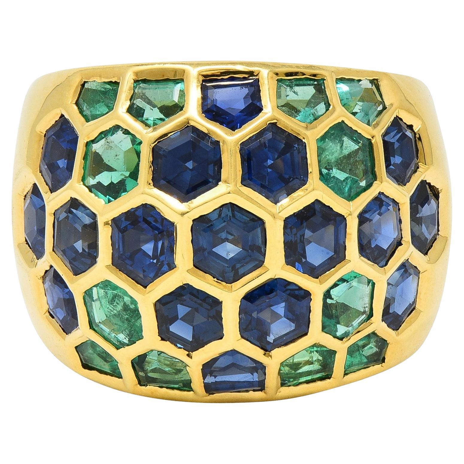 Sabbadini 6.47 CTW Sapphire Emerald 18 Karat Yellow Gold Honeycomb Dome Ring For Sale