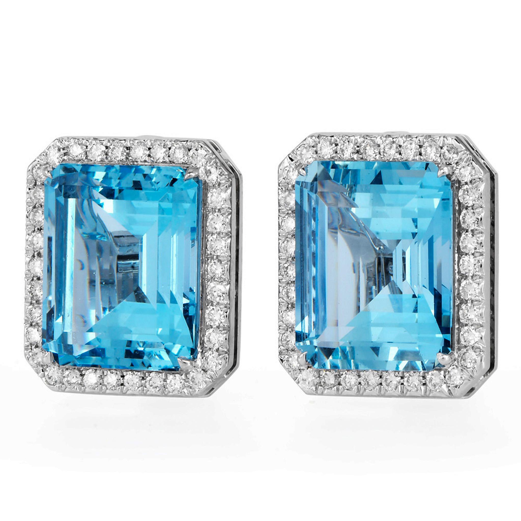 Pendientes de clip Sabbadini aguamarina diamante platino talla esmeralda grande Corte esmeralda en venta