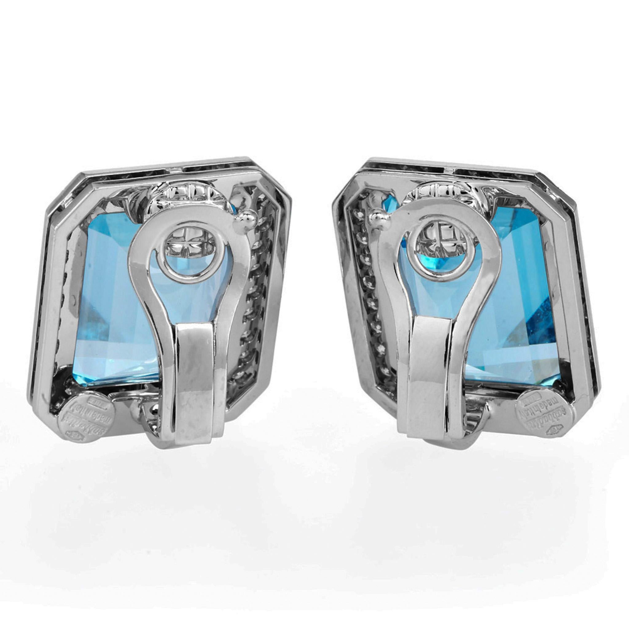 Pendientes de clip Sabbadini aguamarina diamante platino talla esmeralda grande en Excelente estado para la venta en Miami, FL