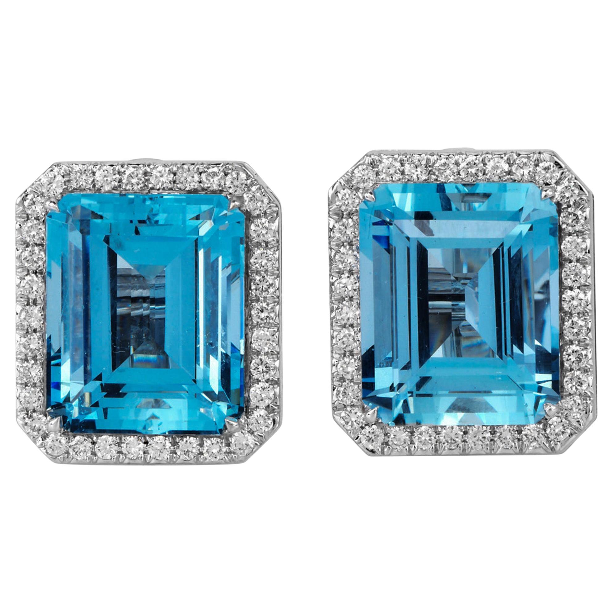 Sabbadini Aquamarine Diamond Platinum Large Emerald Cut Clip Earrings