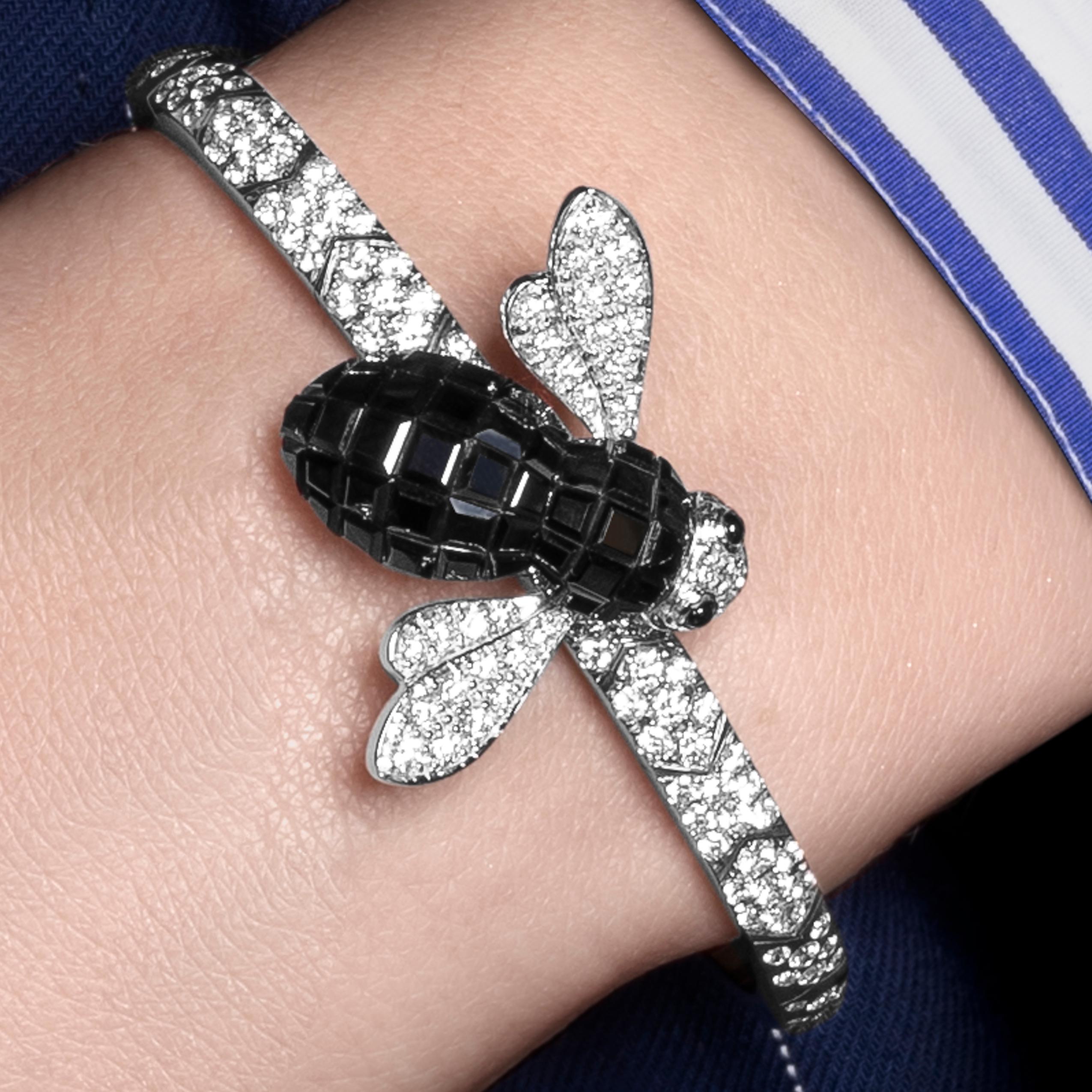 Square Cut Sabbadini Bee Bracelet in Titanium, Diamonds & Black Sapphires For Sale