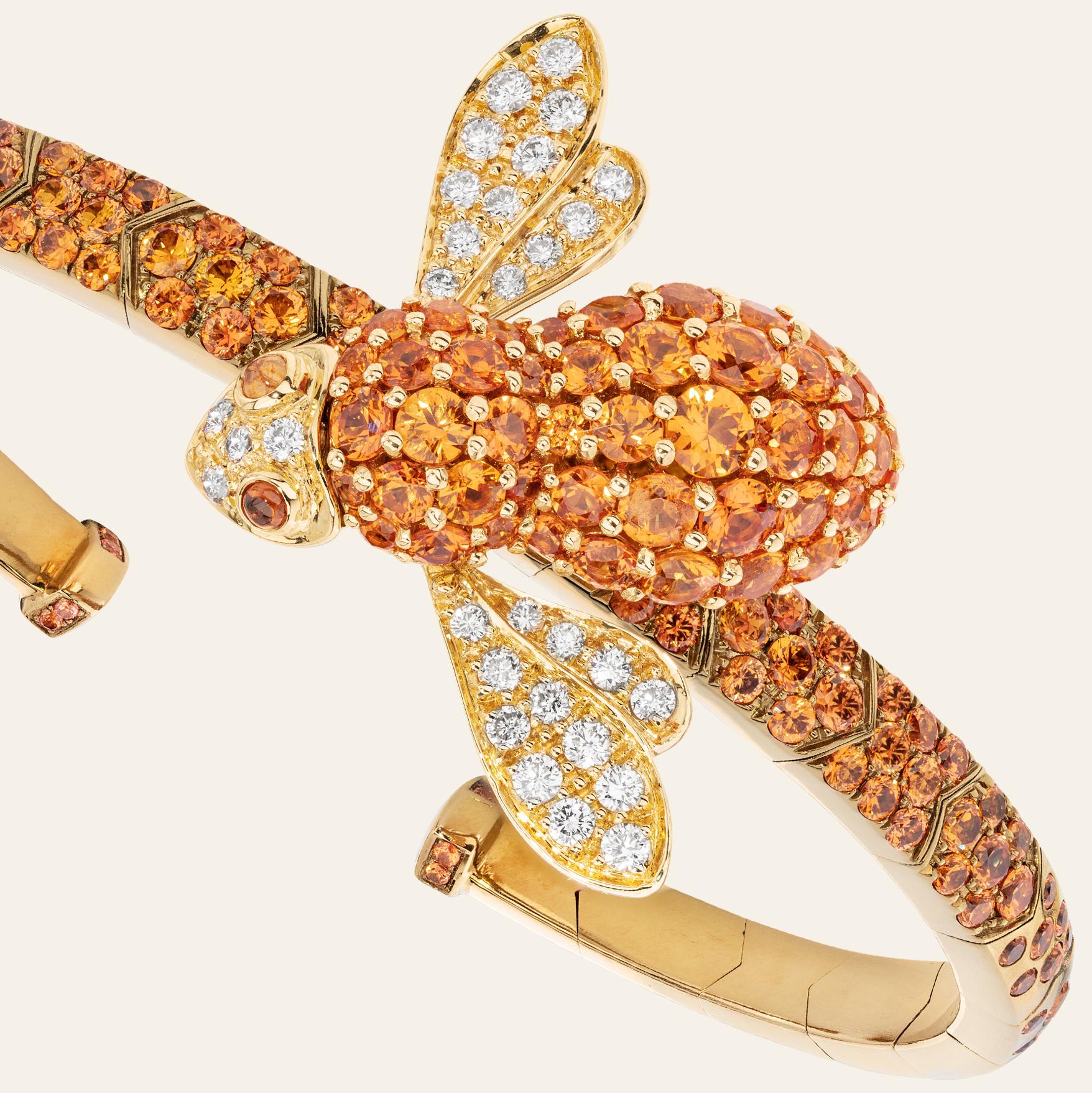 Contemporary Sabbadini Bee Bracelet in Titanium, Orange Sapphires & Gold For Sale
