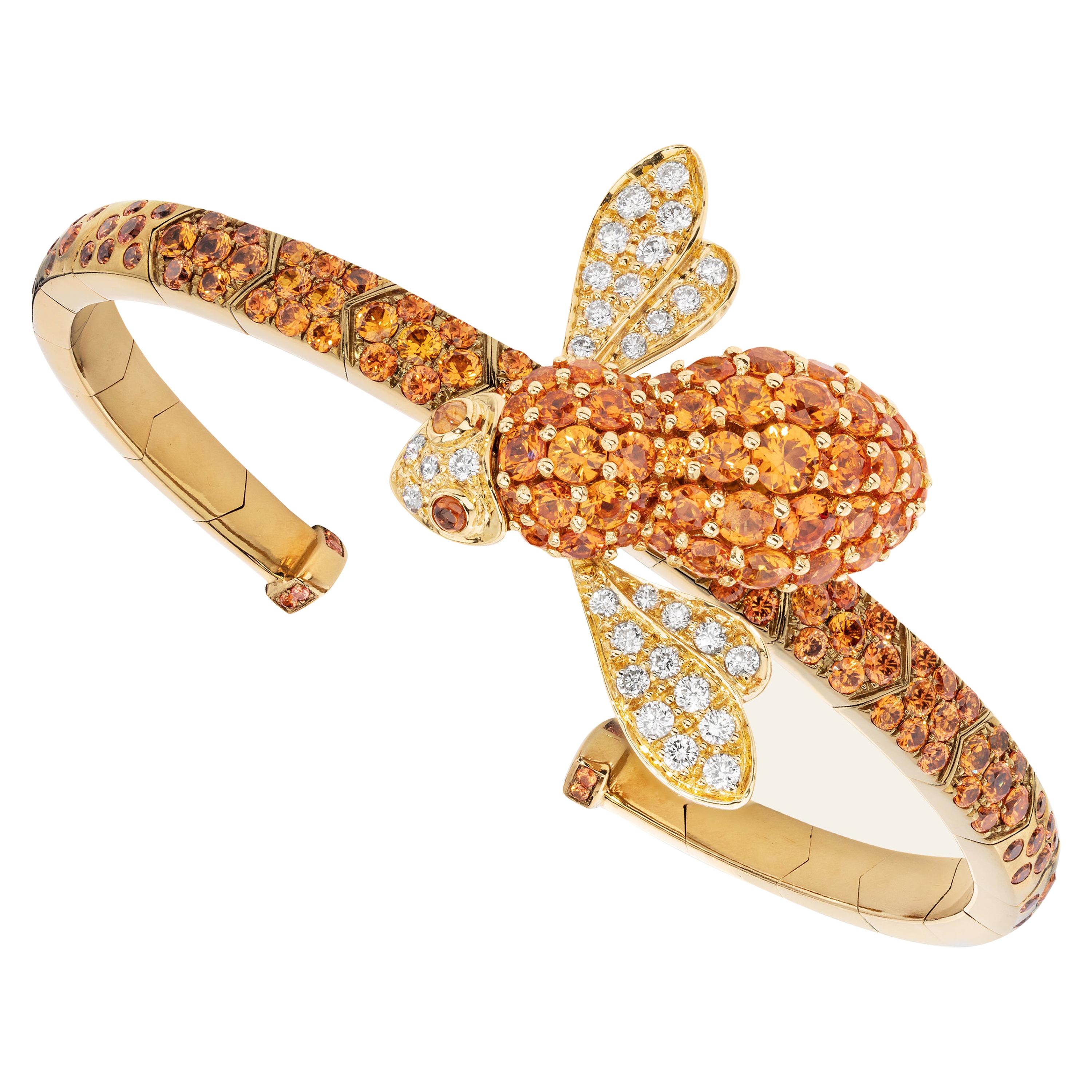 Sabbadini Bee Bracelet in Titanium, Orange Sapphires & Gold For Sale