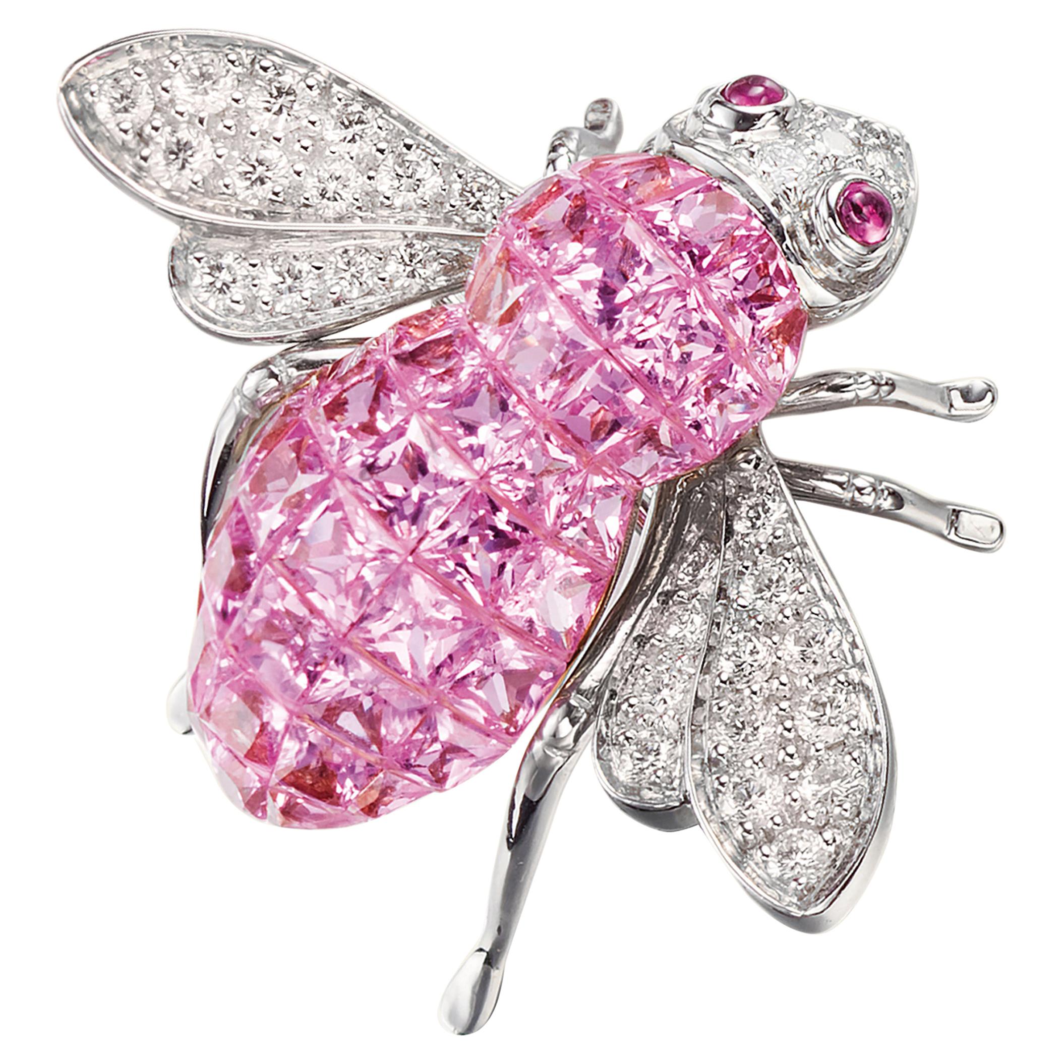 Sabbadini Bee Brooch Invisible Setting in Pink Sapphires with Diamonds For Sale
