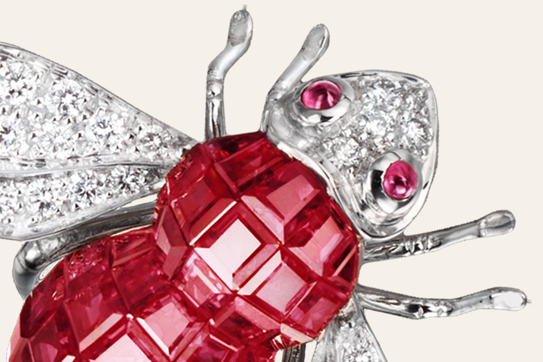 Contemporary Sabbadini Bee Brooch Invisible Setting in Rubies with Diamonds For Sale
