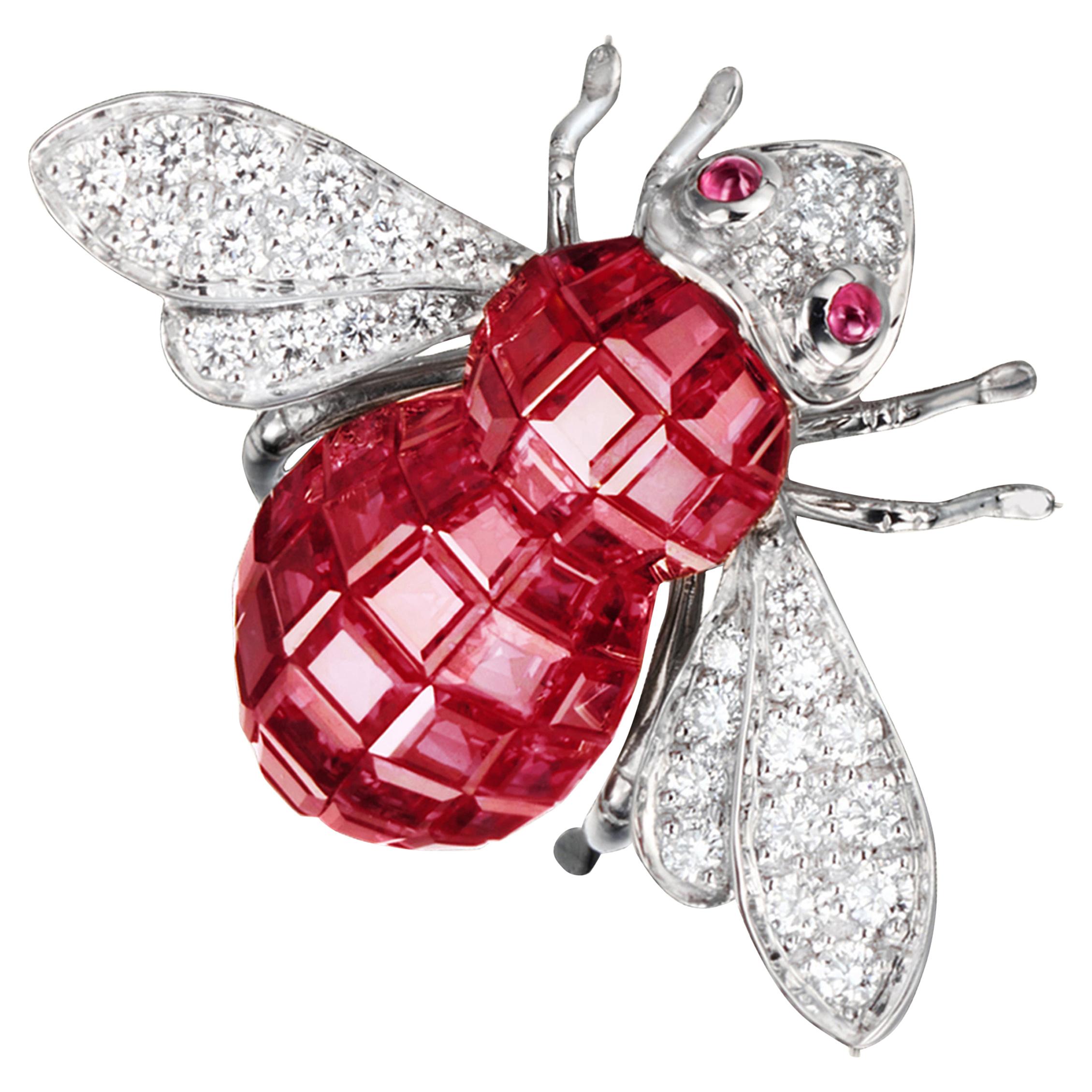 Sabbadini Bee Brooch Invisible Setting in Rubies with Diamonds For Sale