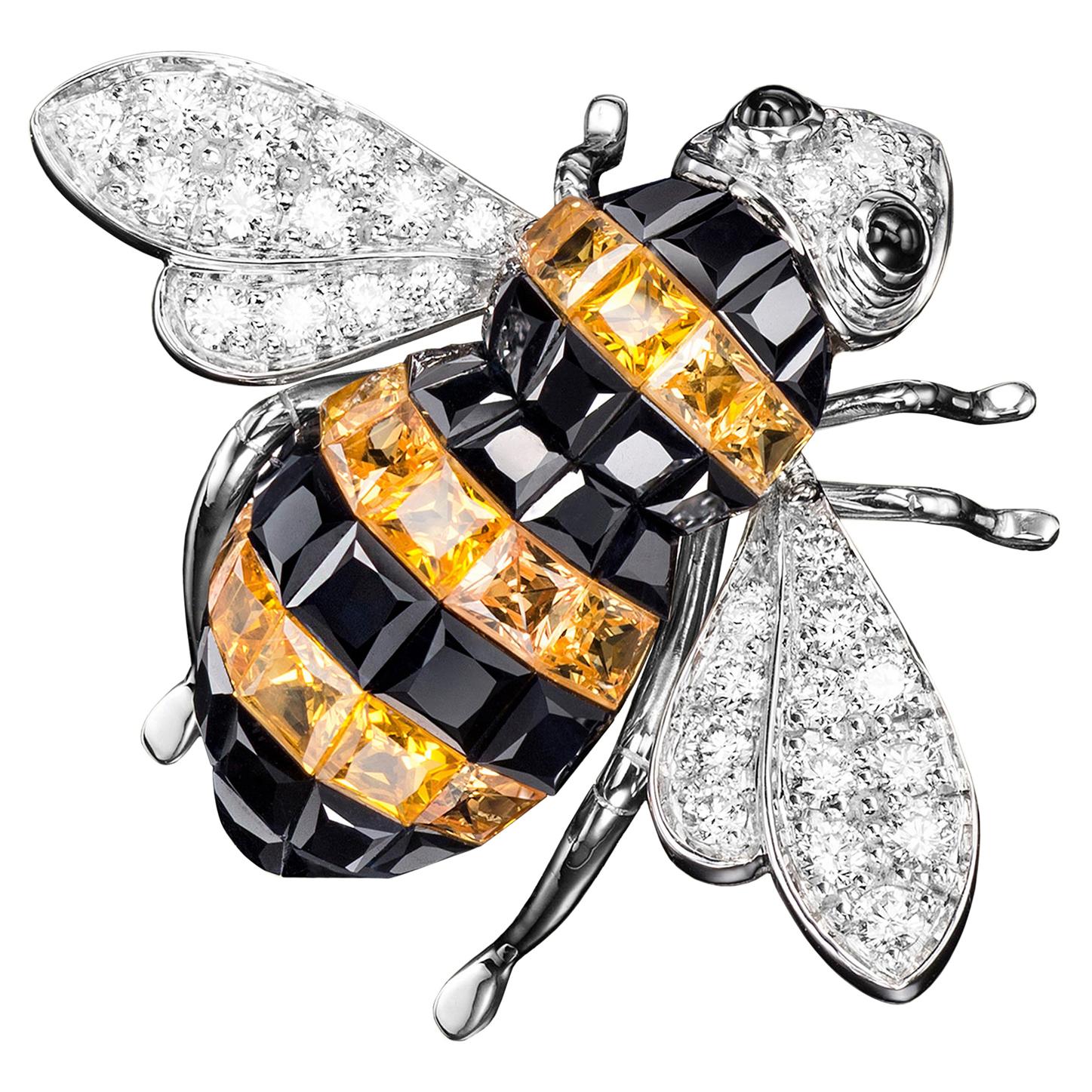 Sabbadini Bee Brooch Invisible Setting in Yellow & Black Sapphires with Diamonds im Angebot