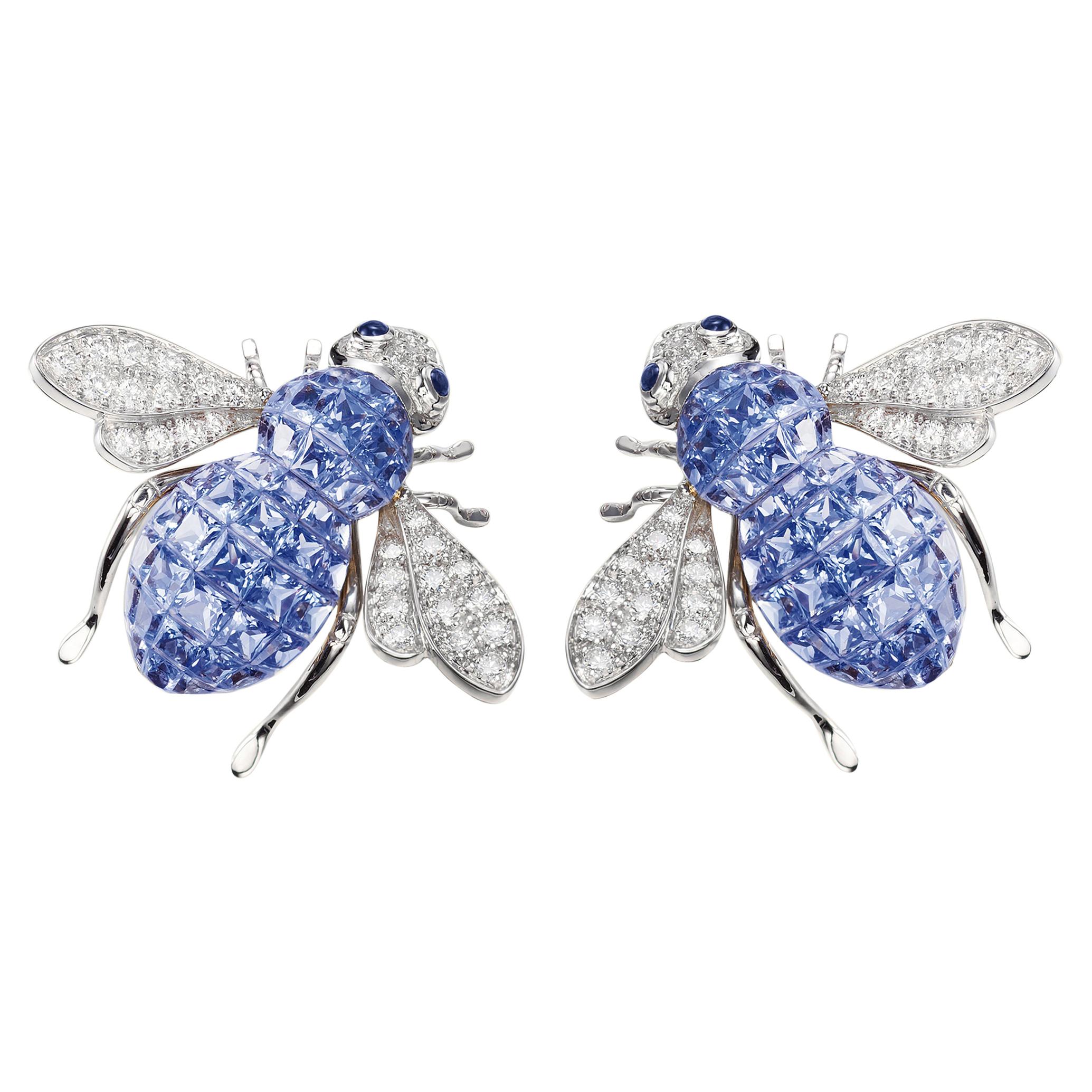 Sabbadini Bee Earrings, Invisible Setting Light Blue Sapphires For Sale