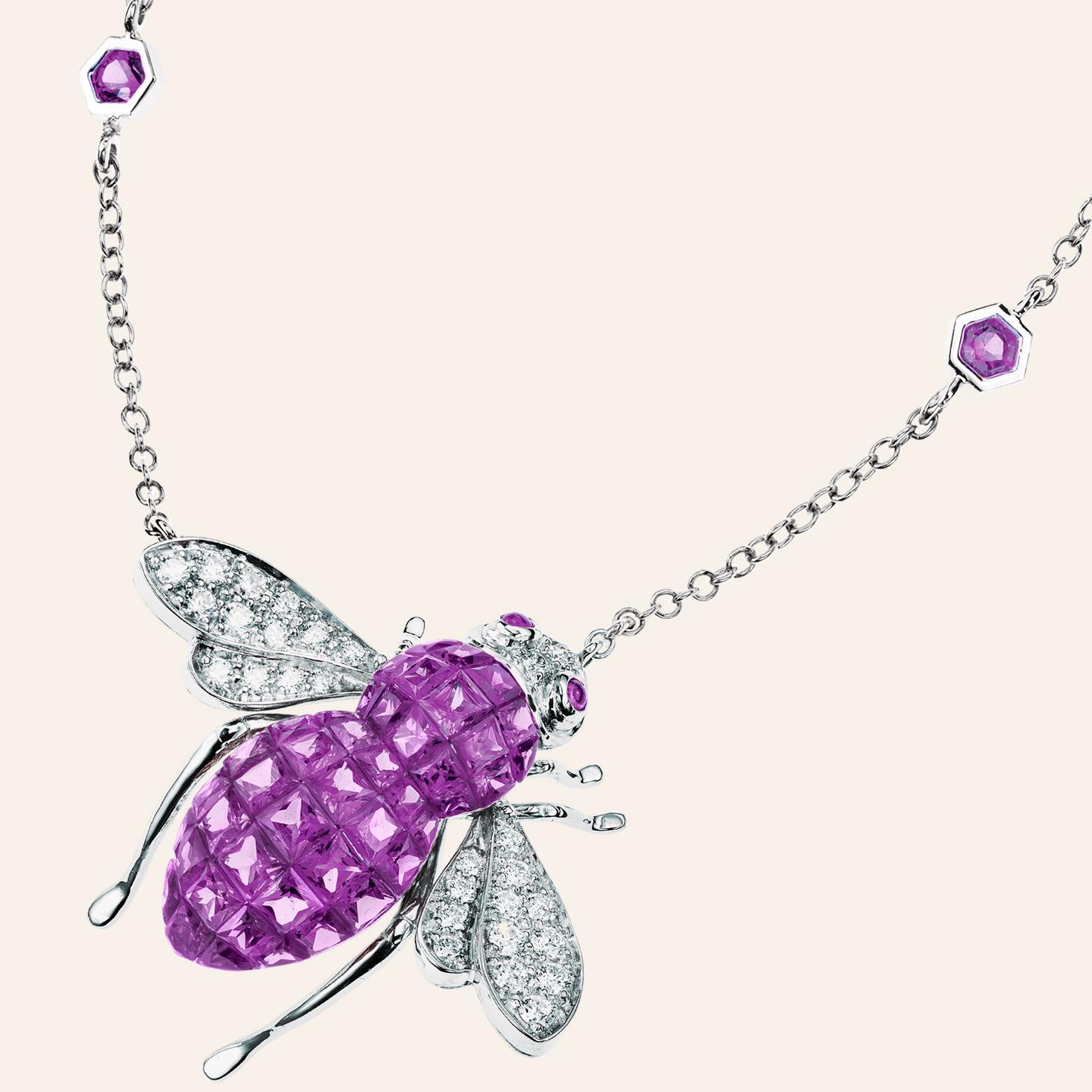Square Cut Sabbadini Bee Necklace, Invisible Setting Amethysts For Sale