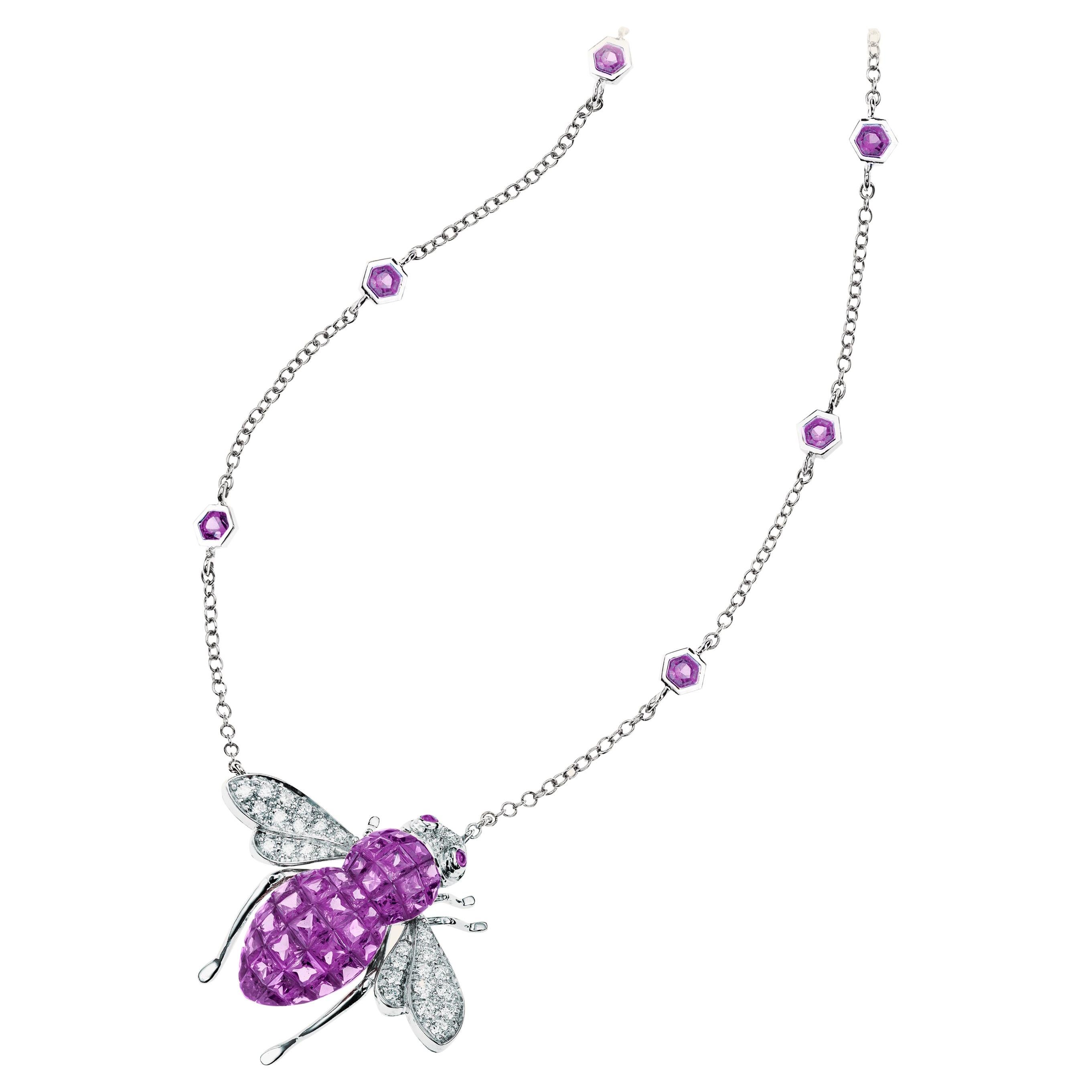 Sabbadini Bee Necklace, Invisible Setting Amethysts For Sale