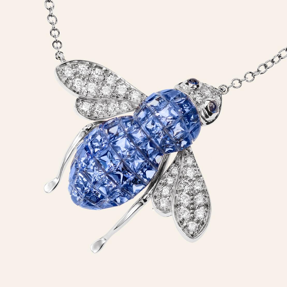 Contemporary Sabbadini Bee Necklace, Invisible Setting Light Blue Sapphires For Sale
