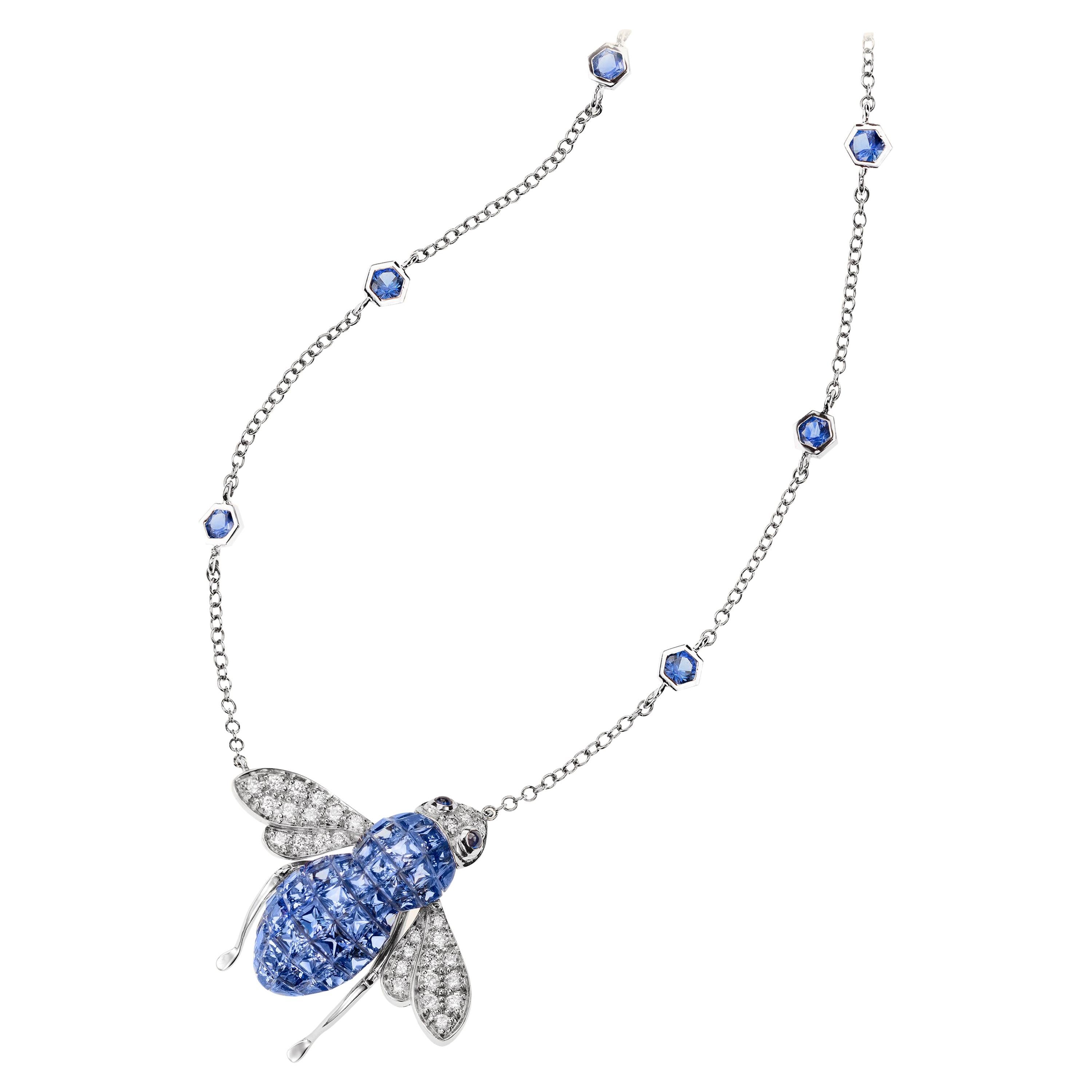 Sabbadini Bee Necklace, Invisible Setting Light Blue Sapphires For Sale