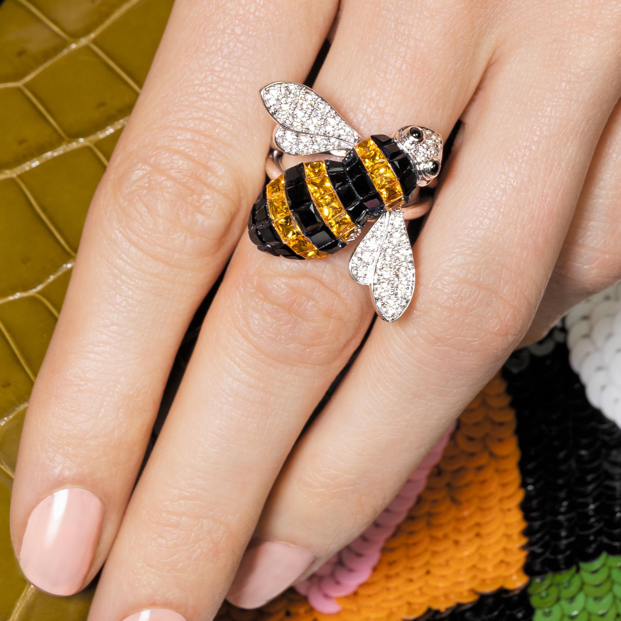 Contemporary Sabbadini Bee Ring Invisible Setting in Yellow & Black Sapphires with Diamonds For Sale