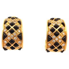 Sabbadini Black Onyx Diamond 18k Yellow Gold Clip Hoop Earrings