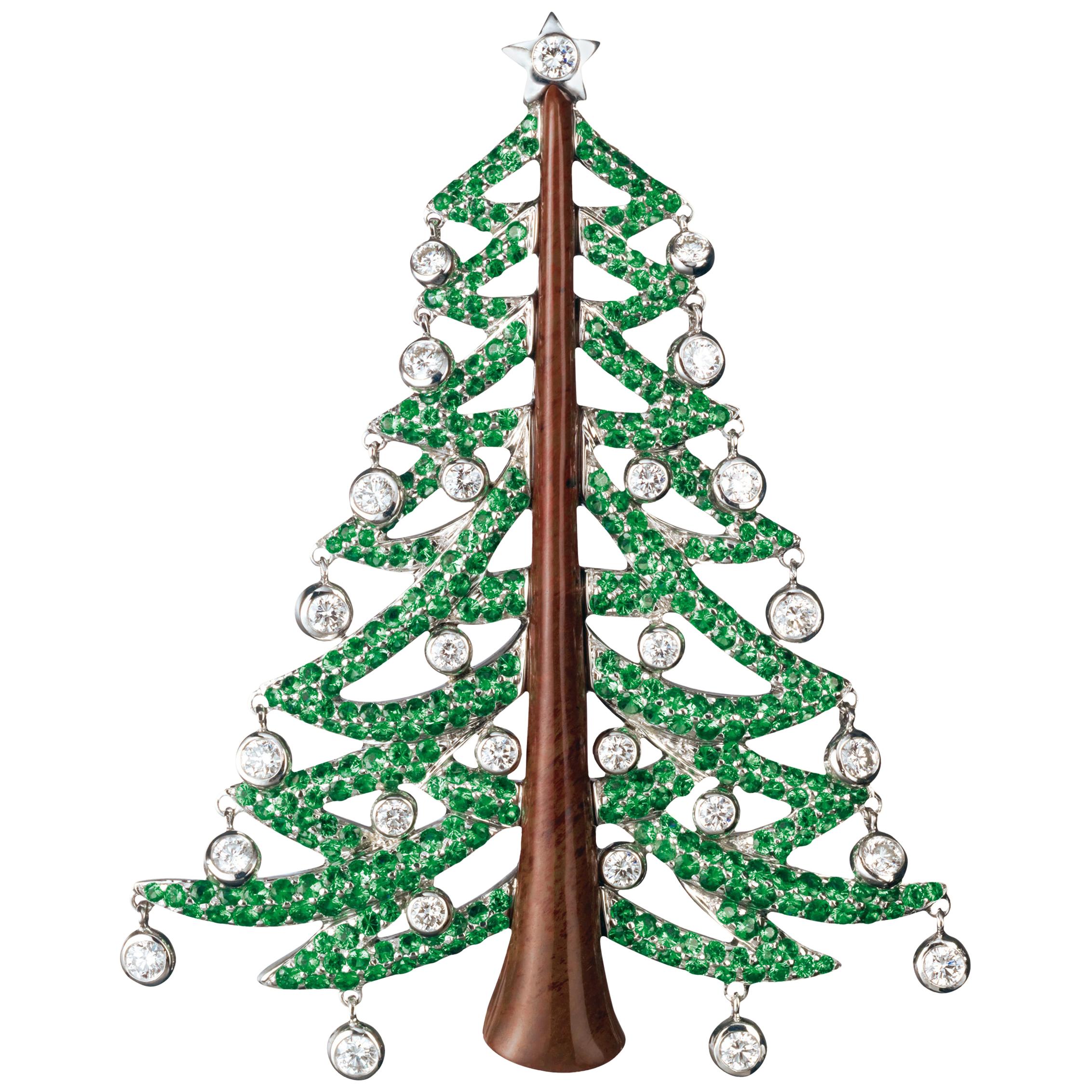 Sabbadini Christmas Tree Brooch in Diamonds and Green Garnets For Sale