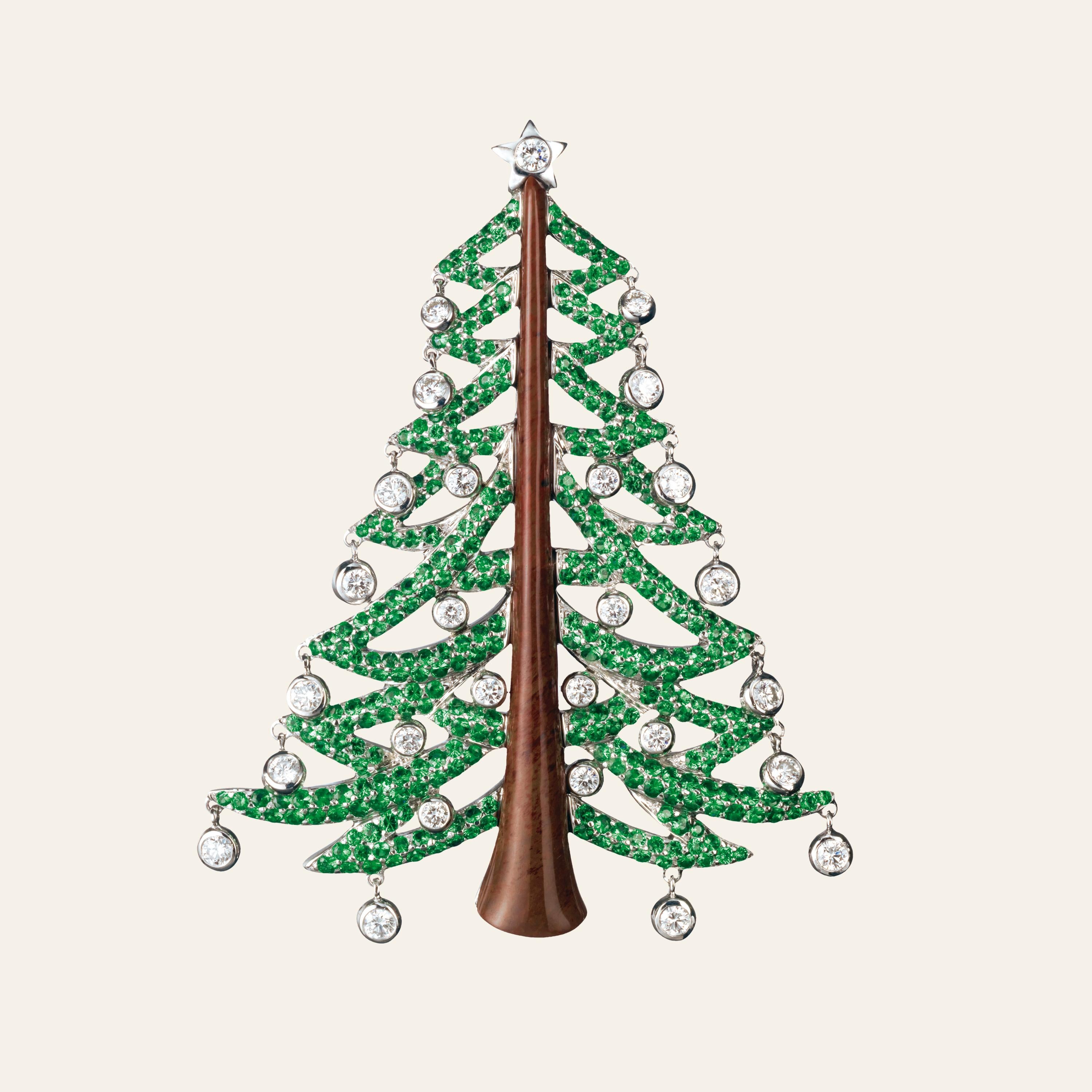 Art Deco Sabbadini Christmas Tree Brooch in Diamonds and Green Garnets For Sale