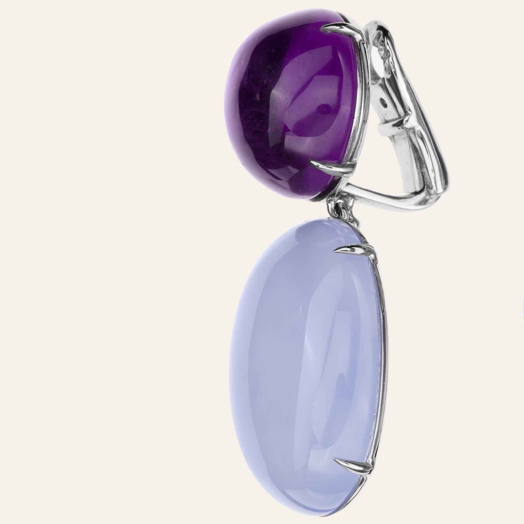 Contemporary Sabbadini Cocktail Earrings with Amethyst and Chalcedony For Sale