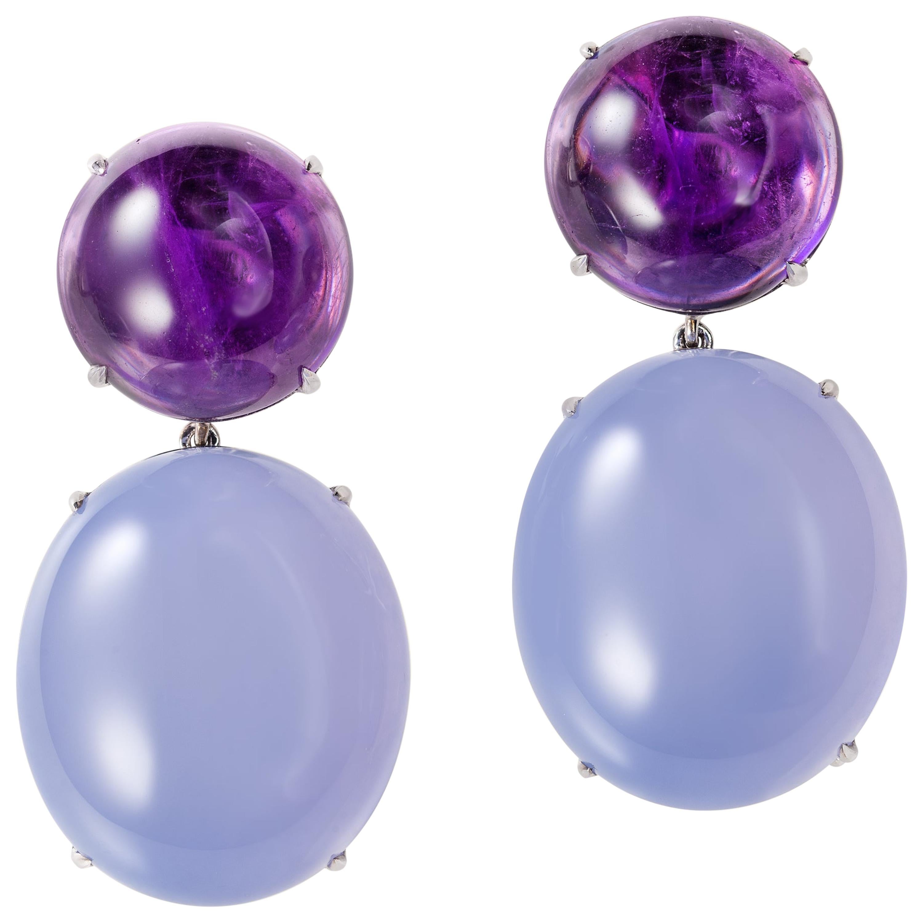 Sabbadini Cocktail Earrings with Amethyst and Chalcedony For Sale