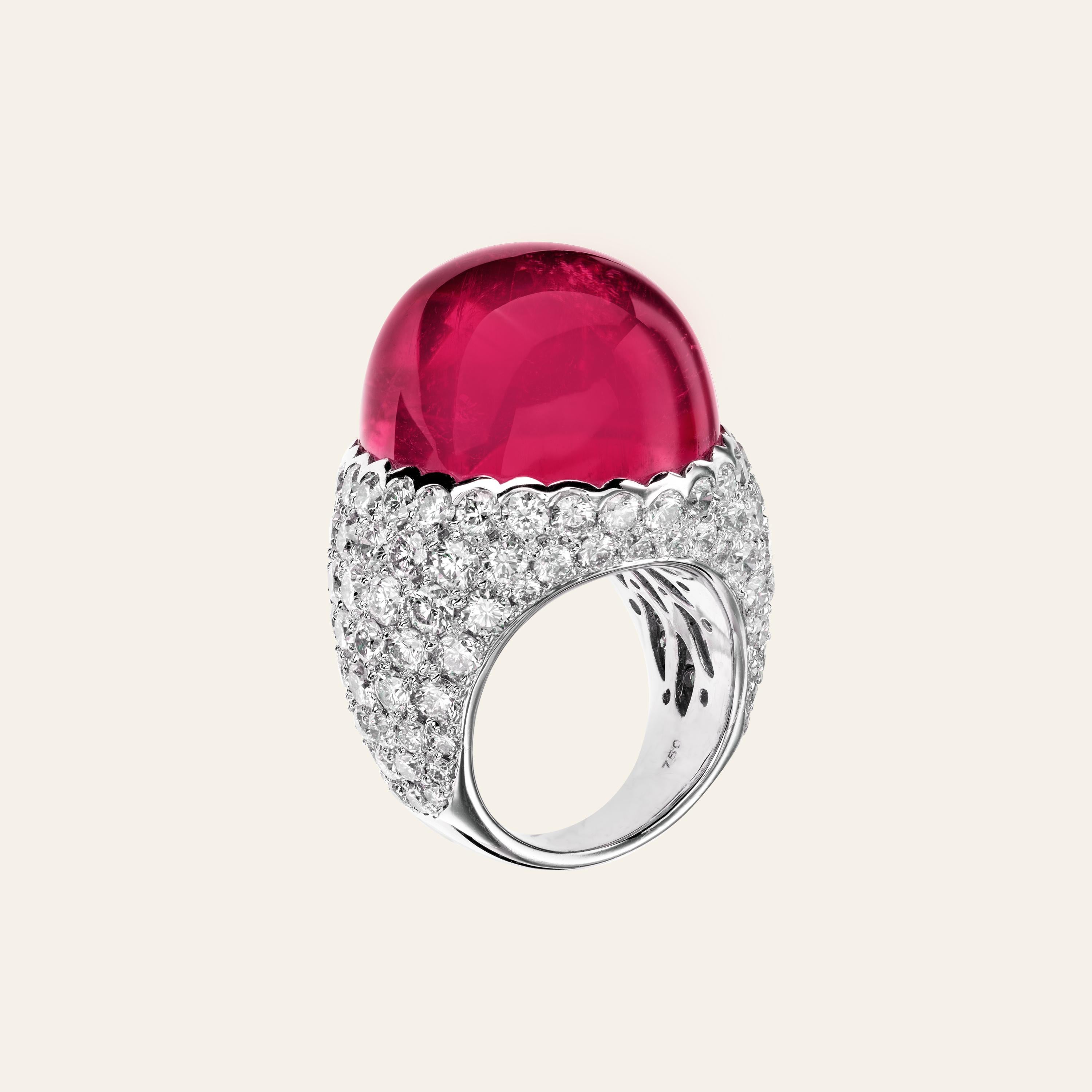 Sabbadini Cocktail Ring with Cabochon Rubelite and Diamonds For Sale 1