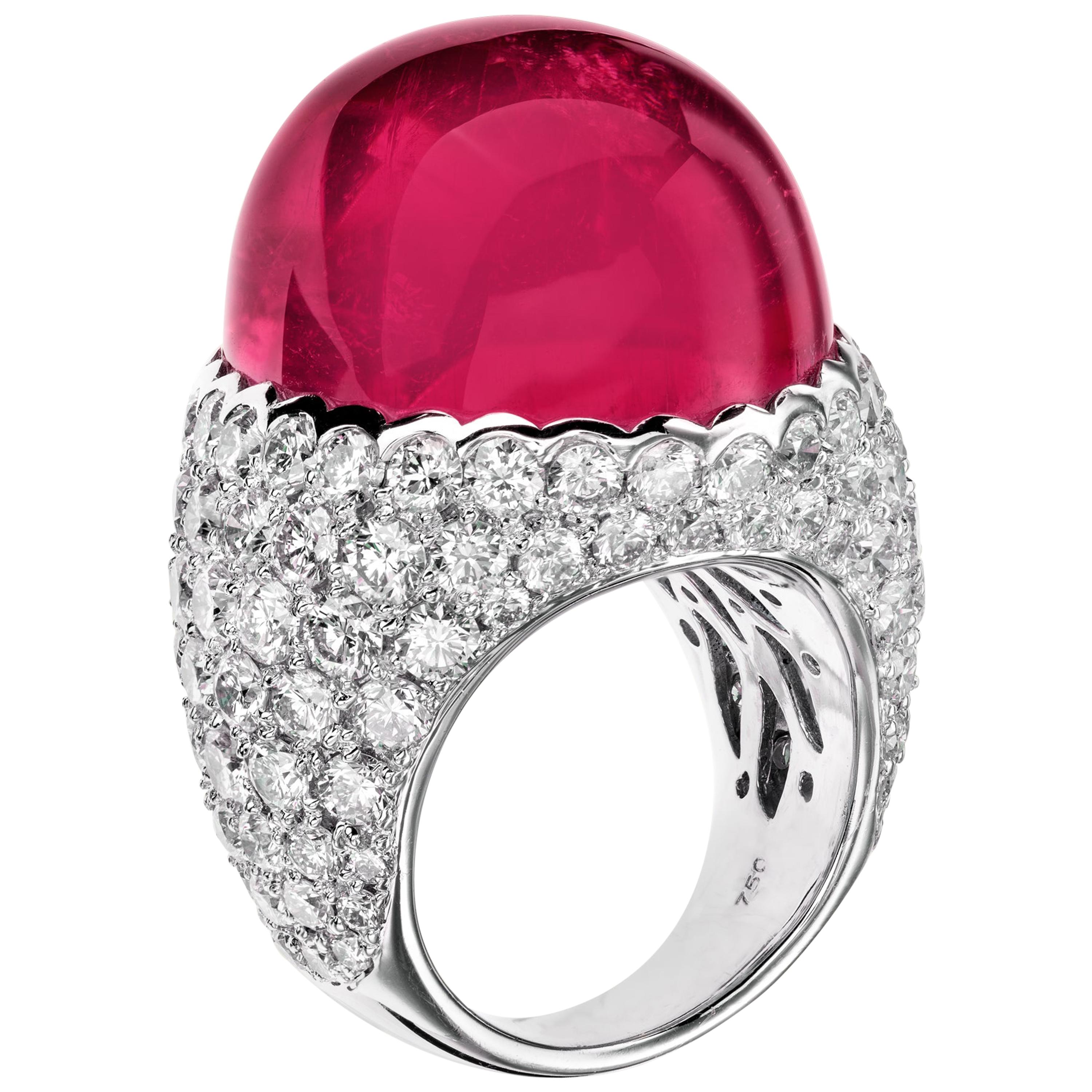Sabbadini Cocktail Ring with Cabochon Rubelite and Diamonds For Sale