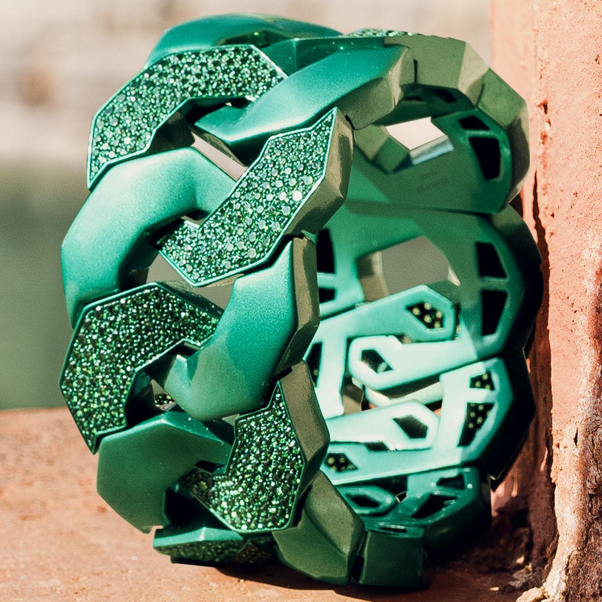 Women's Sabbadini Contemporary Titanium and Micropave Green Garnets Griffes Bracelet For Sale
