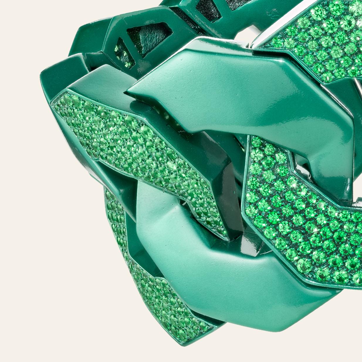 Round Cut Sabbadini Contemporary Titanium and Micropave Green Garnets Griffes Bracelet For Sale
