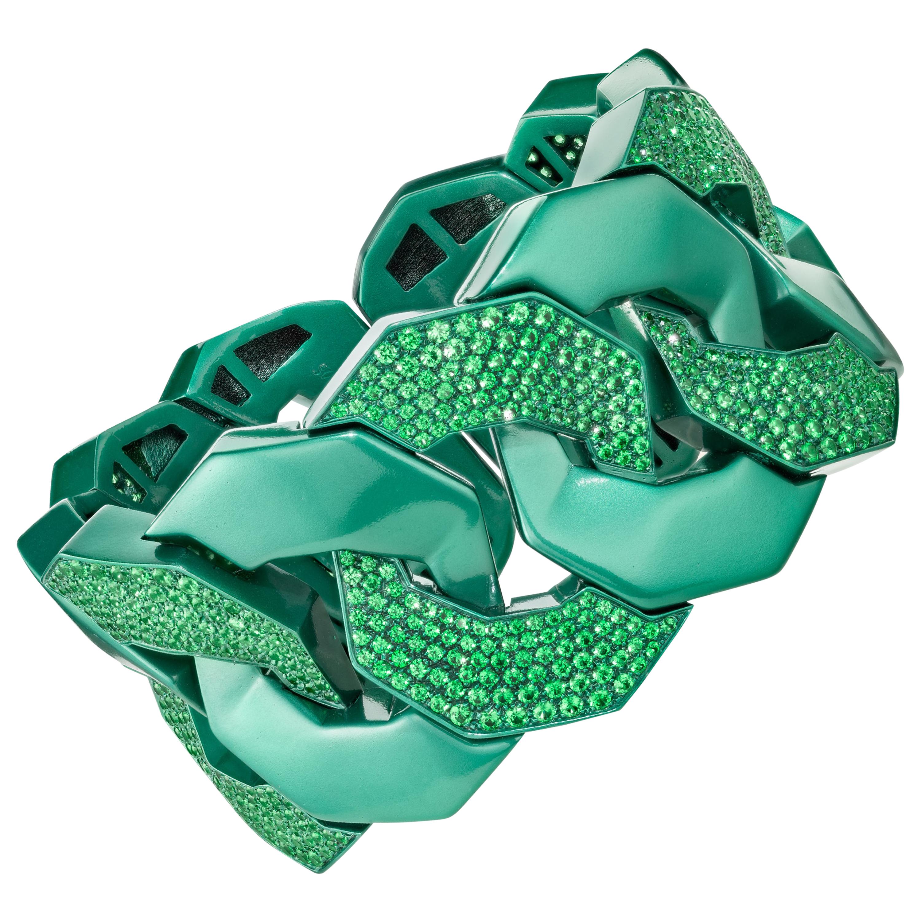 Sabbadini Contemporary Titanium and Micropave Green Garnets Griffes Bracelet For Sale