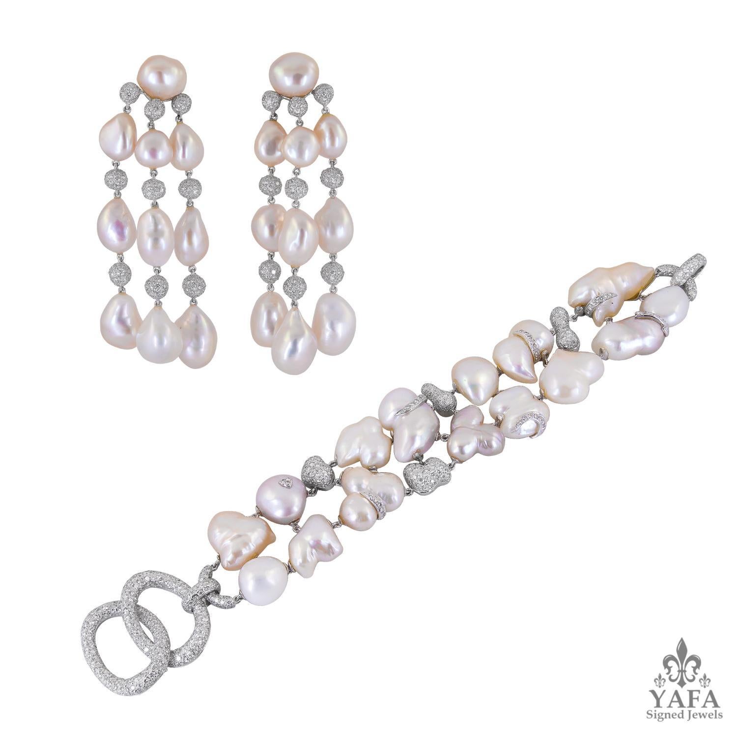 SABBADINI Diamond and Pearl Bracelet & Earring Suite In Excellent Condition For Sale In New York, NY