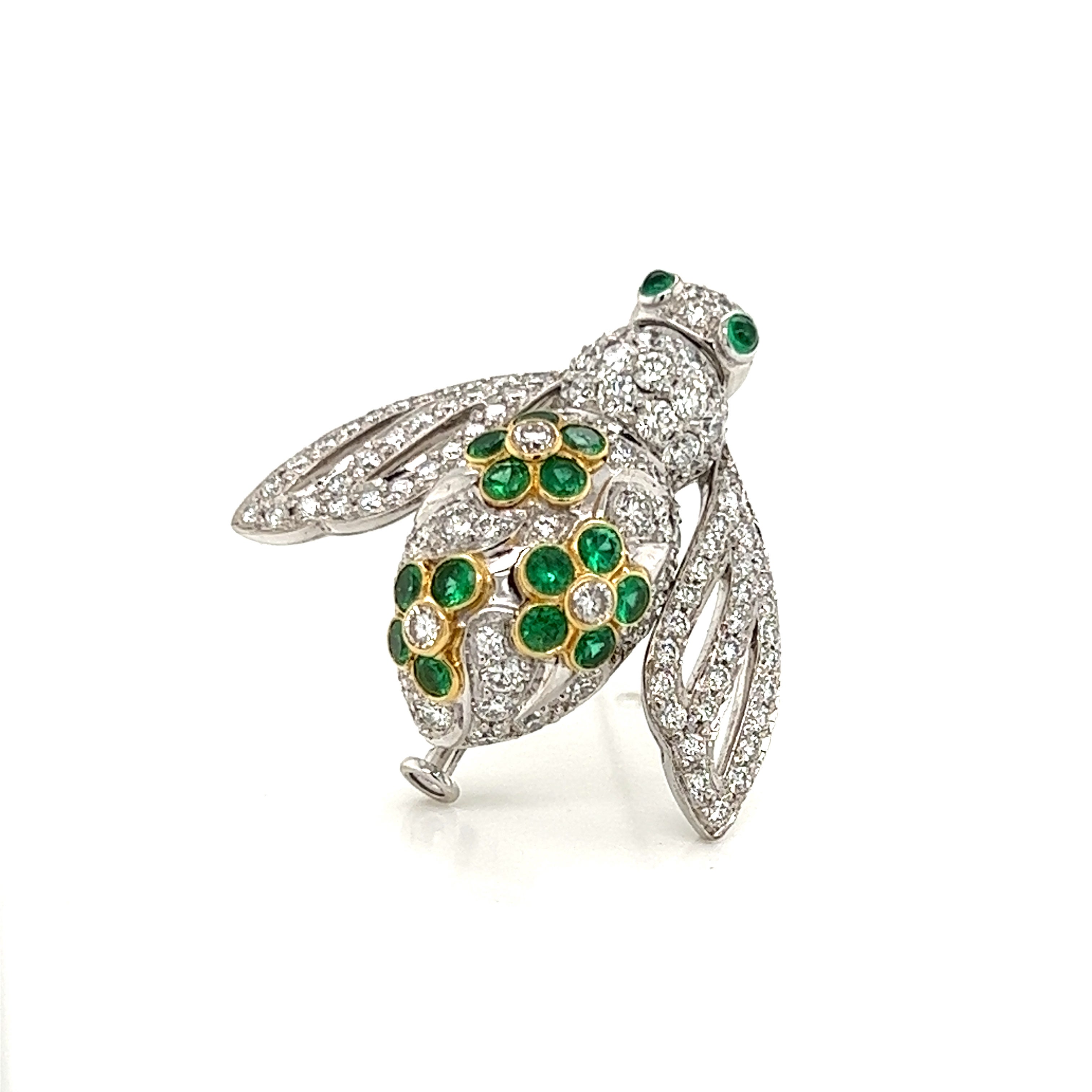 Sabbadini Diamond & Emerald 18k Gold Bee Pin Brooch For Sale