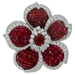 Sabbadini Mystery-Set Ruby Diamond Flower Gold Brooch