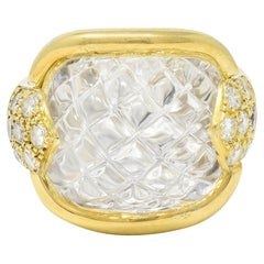 Sabbadini Diamond Rock Crystal Quartz 18 Karat Yellow Gold Retro Ring