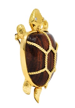 Sabbadini Diamond Wood 18 Karat Yellow Gold Large Turtle Brooch