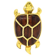 Vintage Sabbadini Diamond Wood 18 Karat Yellow Gold Large Turtle Brooch