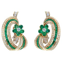 Sabbadini Emerald and Diamond Floral Motif Earrings in 18 Karat Yellow Gold